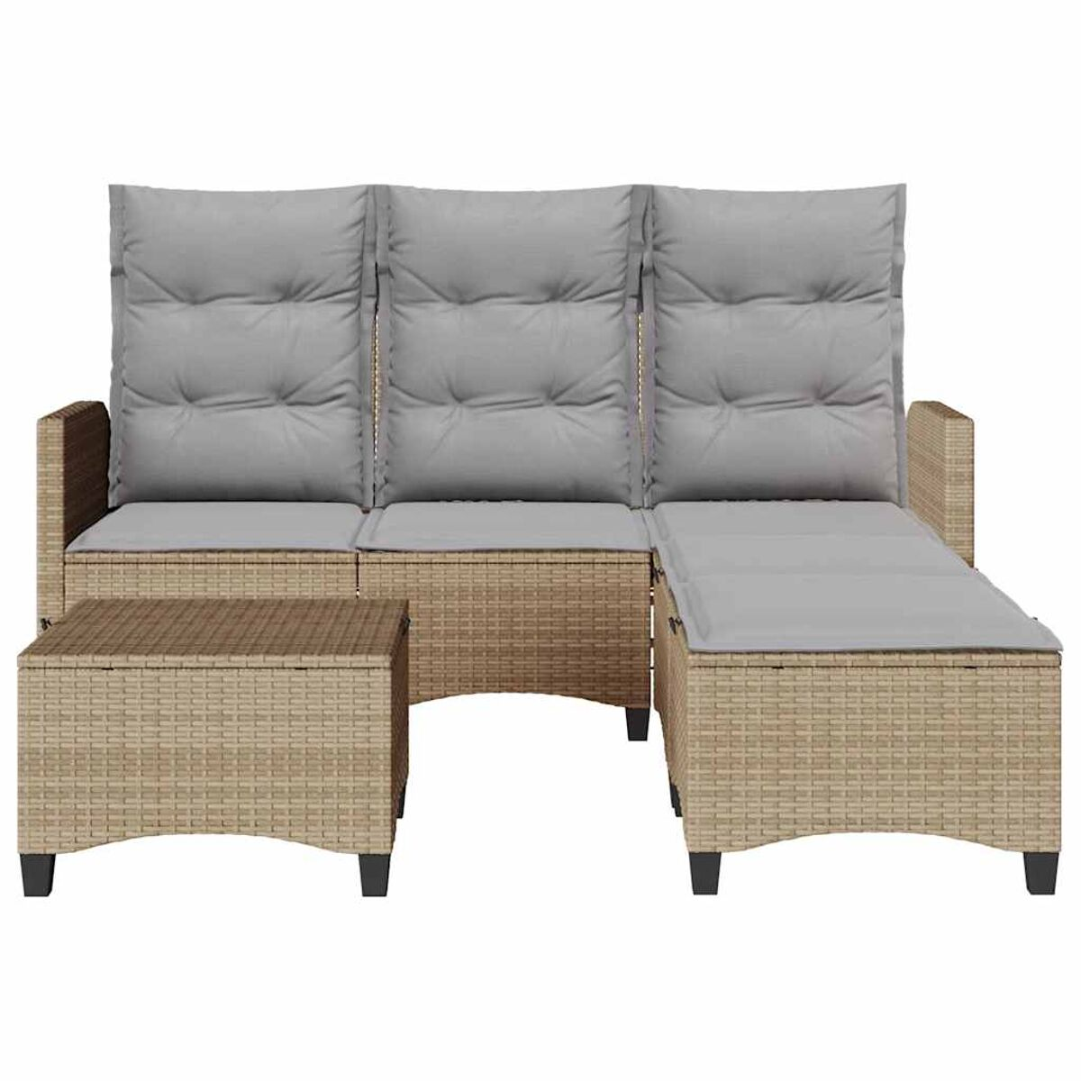 Set di mobili da esterno in vimini con cuscini grigi. Include un divano e un tavolo con gambe nere.