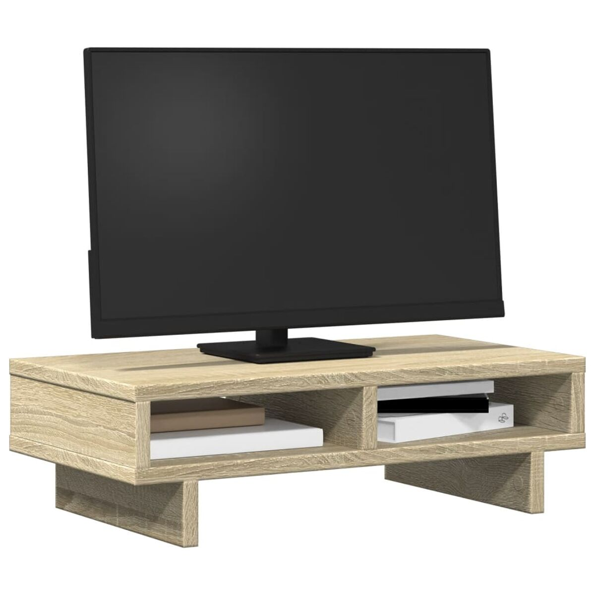 TV-Ständer. Helles Holz, zwei Fächer, Flachbildfernseher oben.