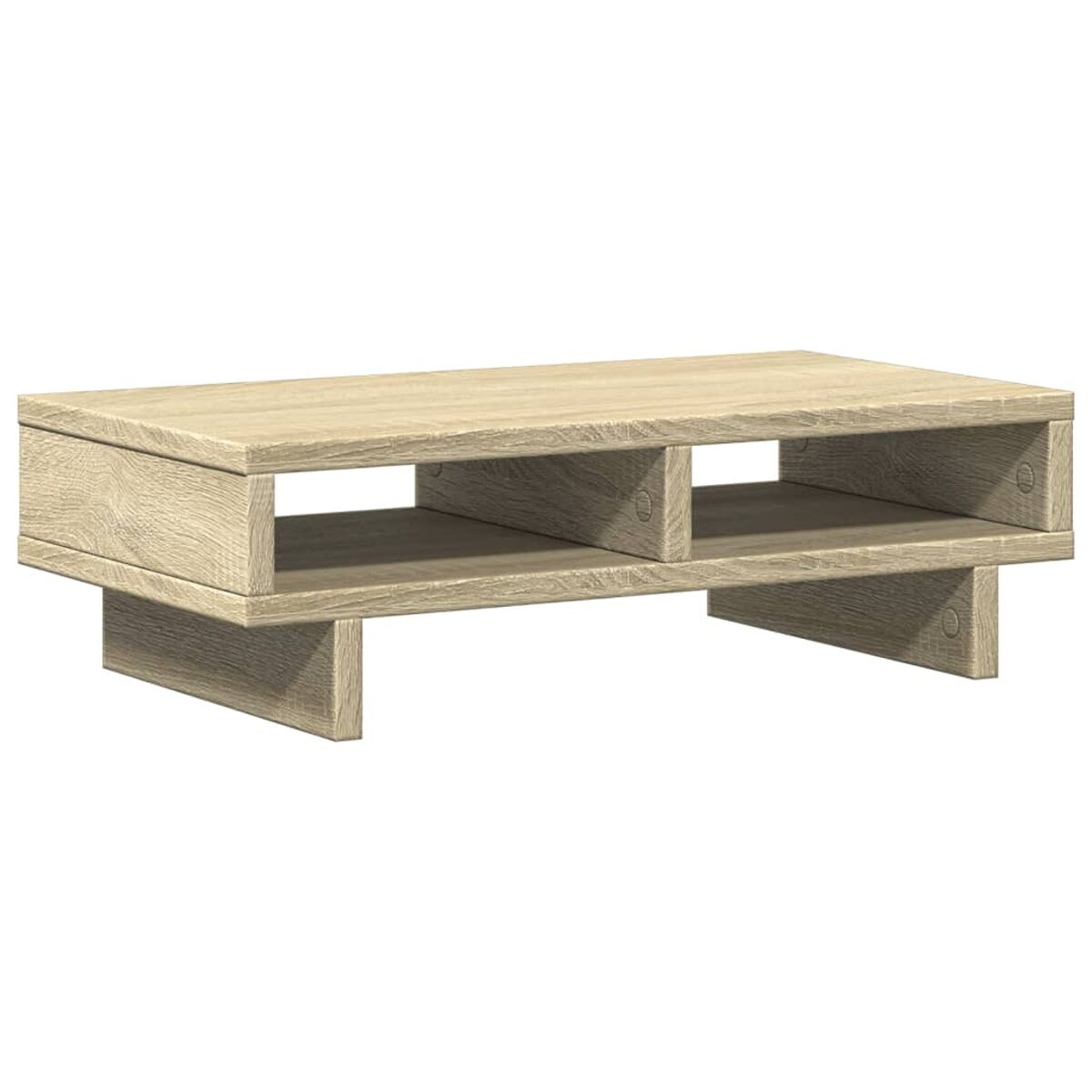 Couchtisch aus Holz mit Regal auf weißem Hintergrund. Der Tisch ist hellbraun.