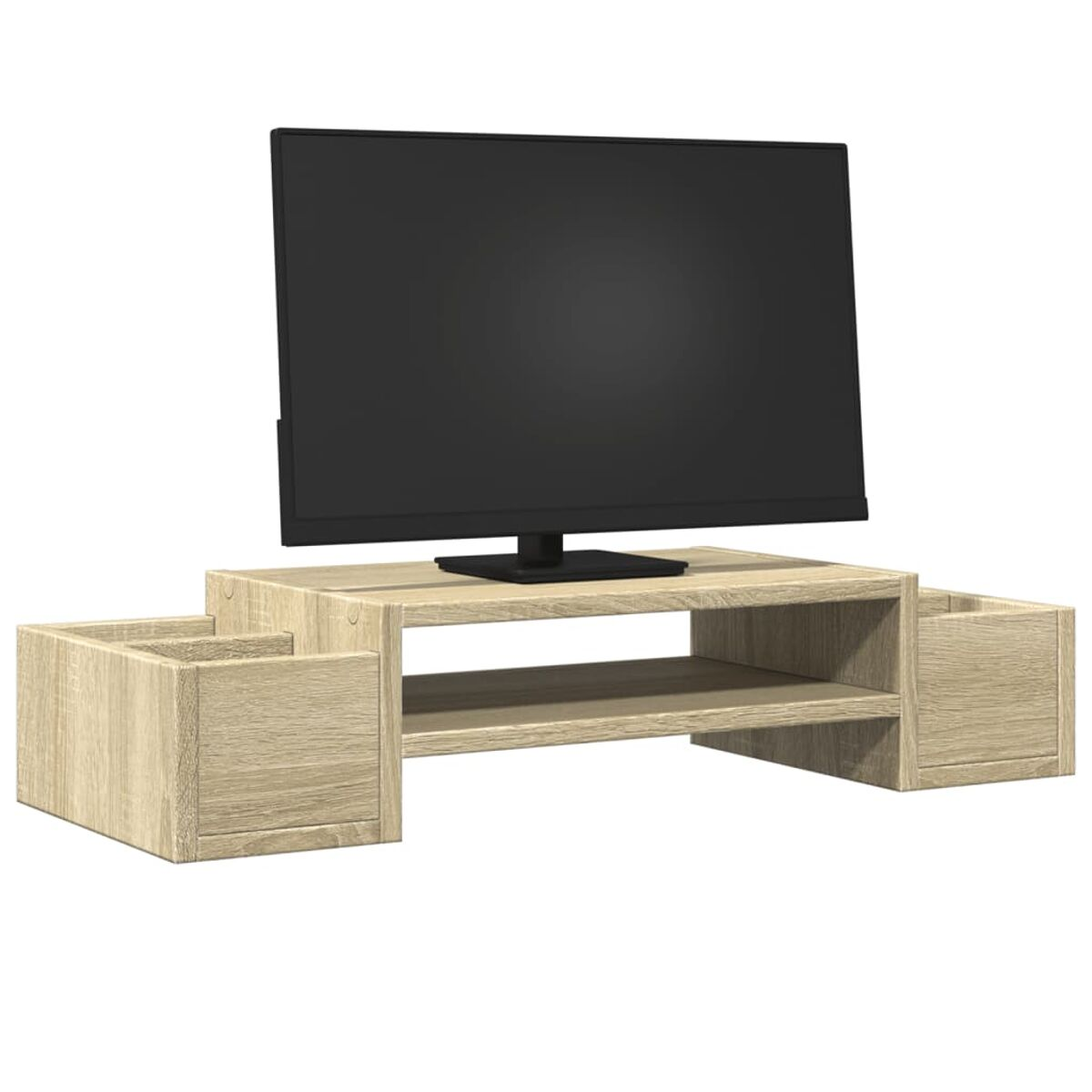 TV-Ständer aus Holz mit TV oben und Seitenfächern. Weißer Hintergrund.