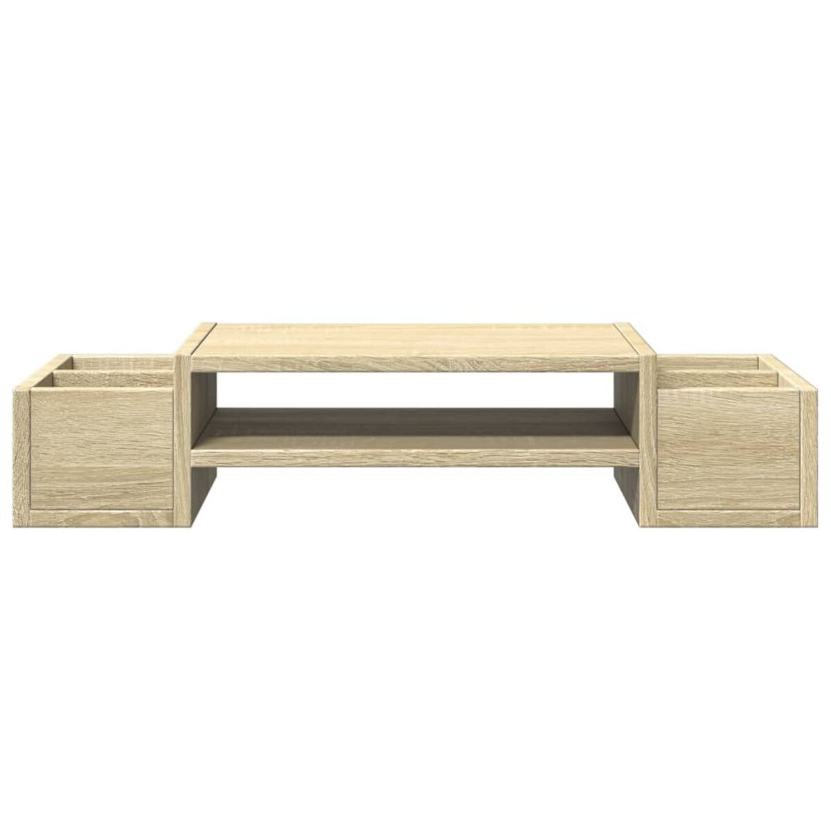 Schreibtisch-Organizer aus Holz mit Regalen. Es hat zwei Fächer und ein Regal zur Aufbewahrung und Organisation.