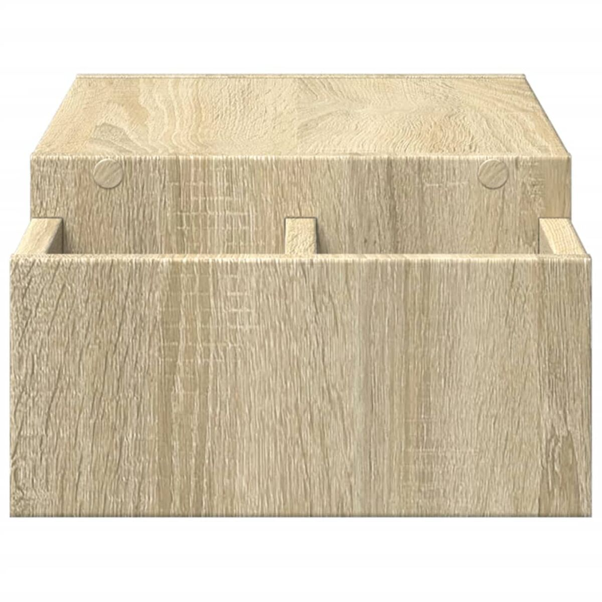 Eine hellfarbene Holzaufbewahrungsbox mit einem ausgeschnittenen Griff und einem Teiler im Inneren.