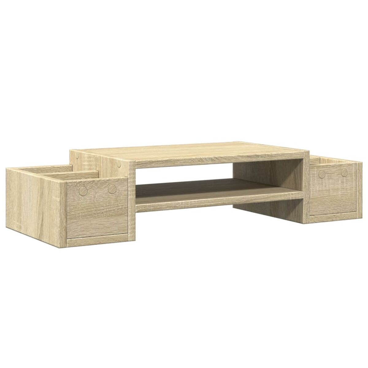 Holz-Couchtisch, hellbraune Farbe, mit zwei seitlichen Staufächern.