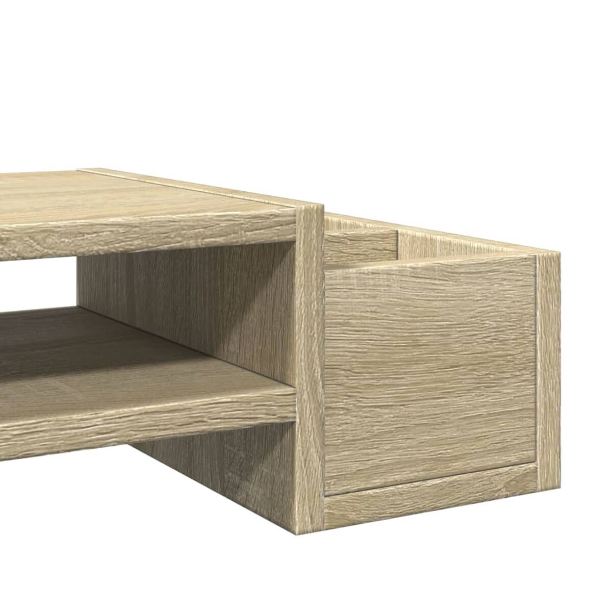 Holzregal mit zwei Ebenen, hellbraune Farbe, Nahaufnahme.