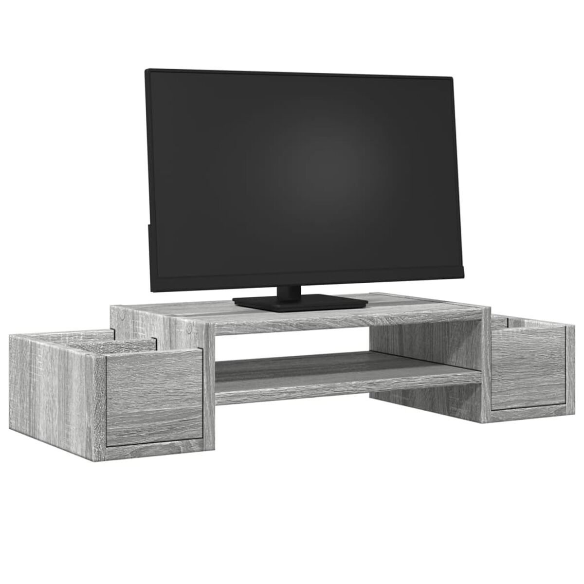 Grauer TV-Ständer mit TV, Schubladen und einem Regal darunter auf weißem Hintergrund.