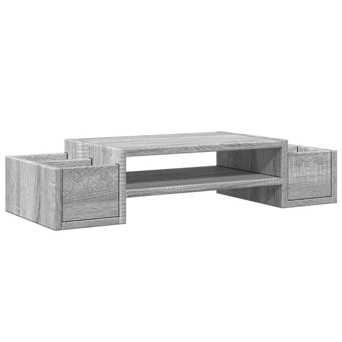 Ein grauer Couchtisch aus Holz mit Schubladen und einem Regal. Das Design ist einfach und modern.