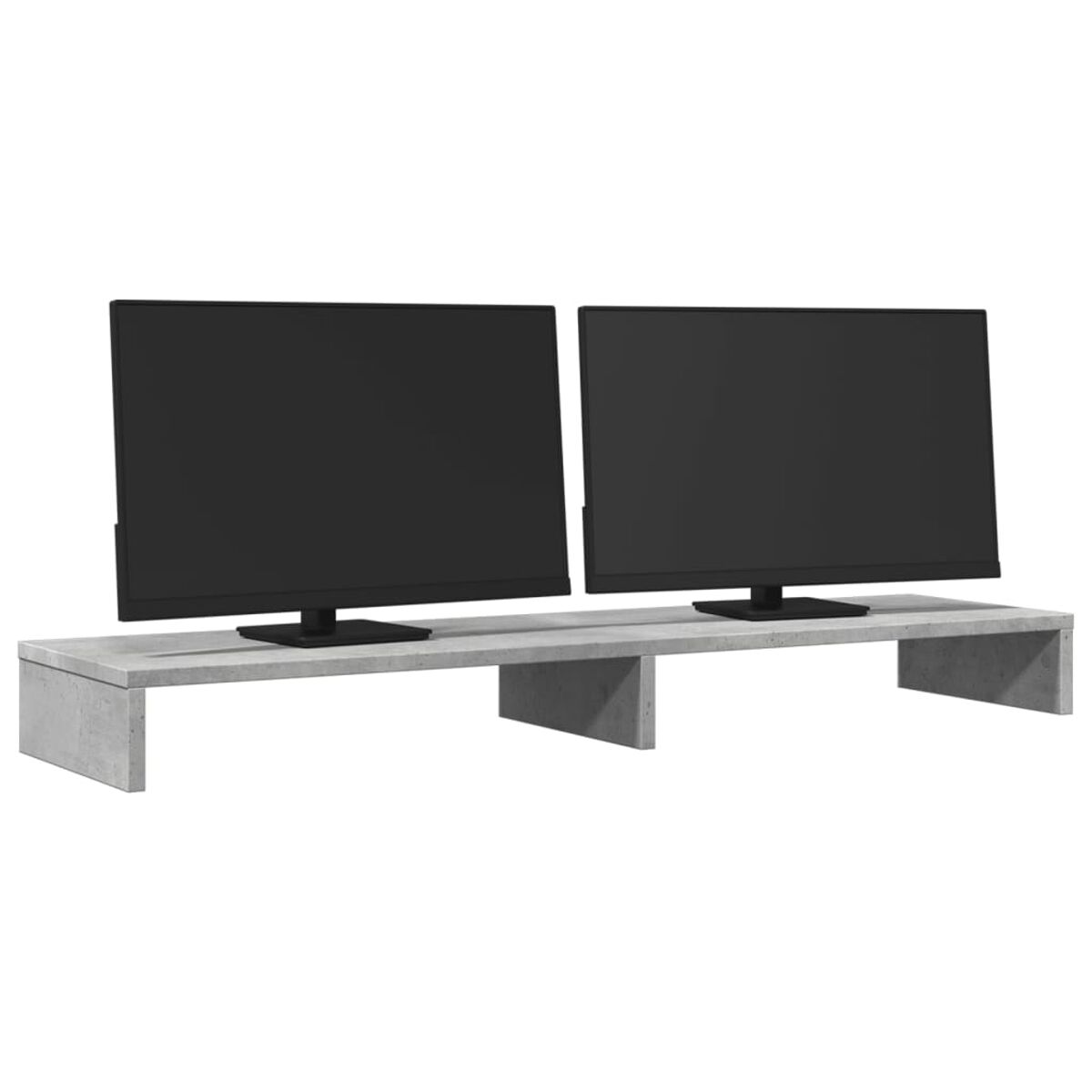 Ein TV-Ständer aus Beton mit zwei Monitoren mit schwarzem Bildschirm oben, zentriert auf weißem Hintergrund.