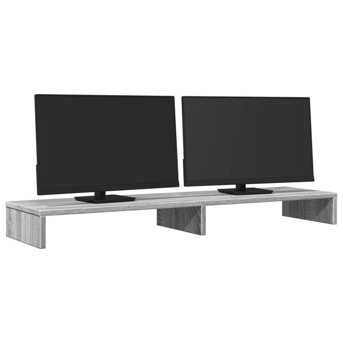 TV-Ständer aus Holz mit zwei Fernsehern oben. Graue Holzfarbe. Modernes Design.