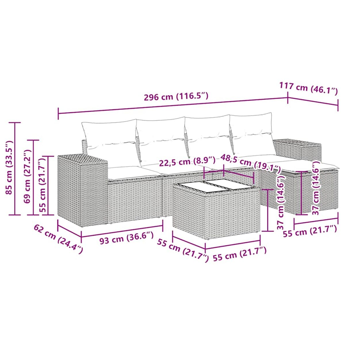 Set divani da esterno con dimensioni. Cuscini chiari, struttura in rattan e tavolino. Dimensioni visualizzate.