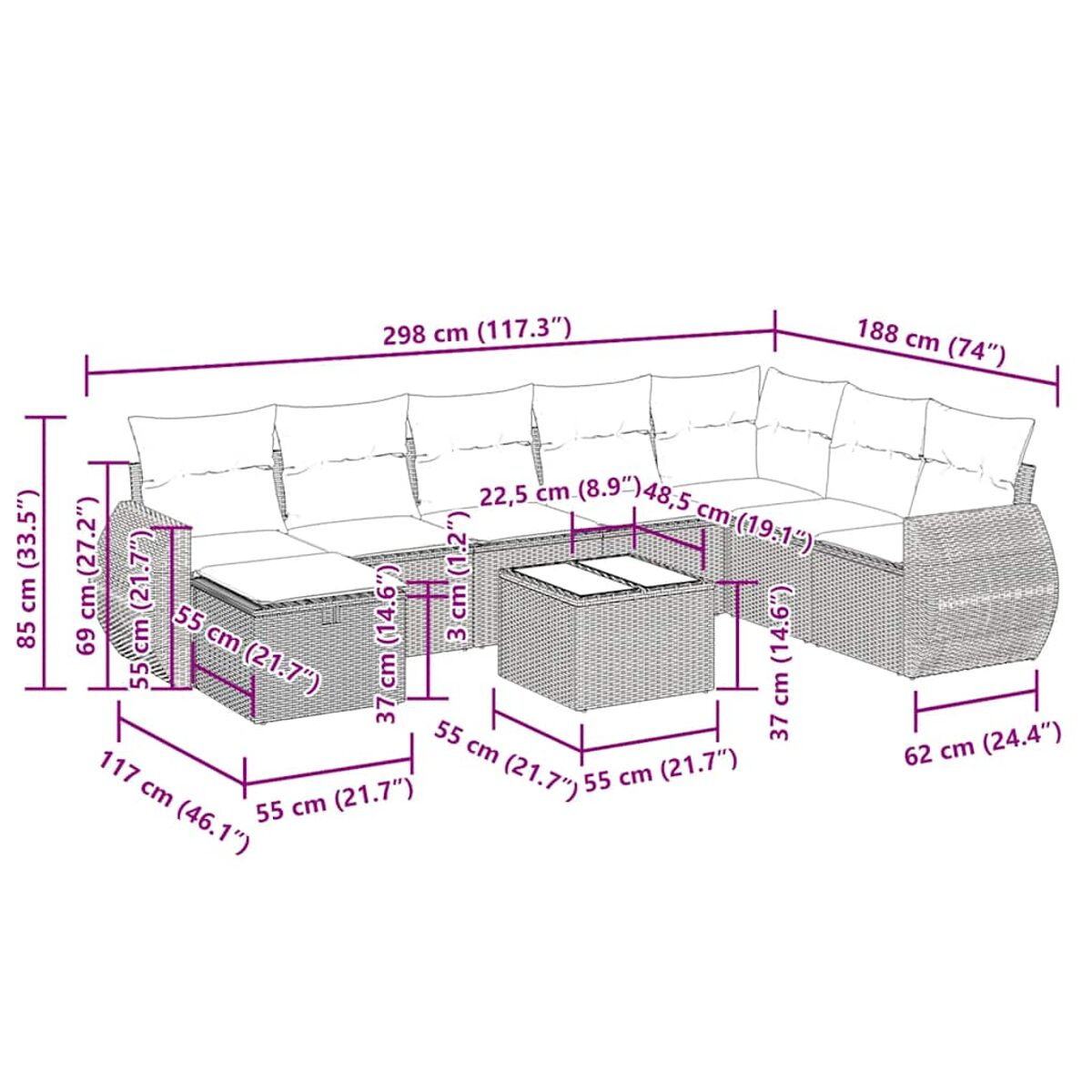 Geflochtenes Outdoor-Ecksofa mit Abmessungen in cm und Zoll.