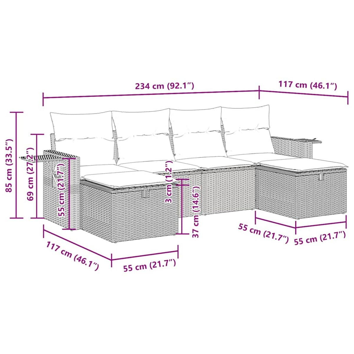 Korbsitzgruppe mit Abmessungen in cm und Zoll. Dreisitzer-Sofa.