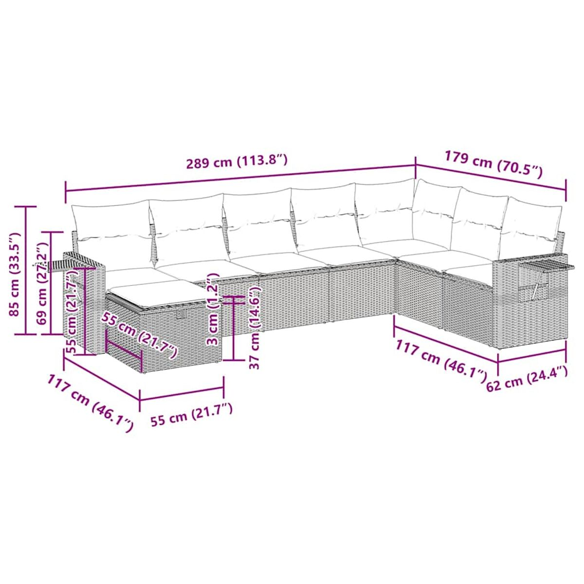 L-förmiges Outdoor-Ecksofa. Abmessungen sind angegeben. Beiges Korbgeflecht mit weißen Kissen.