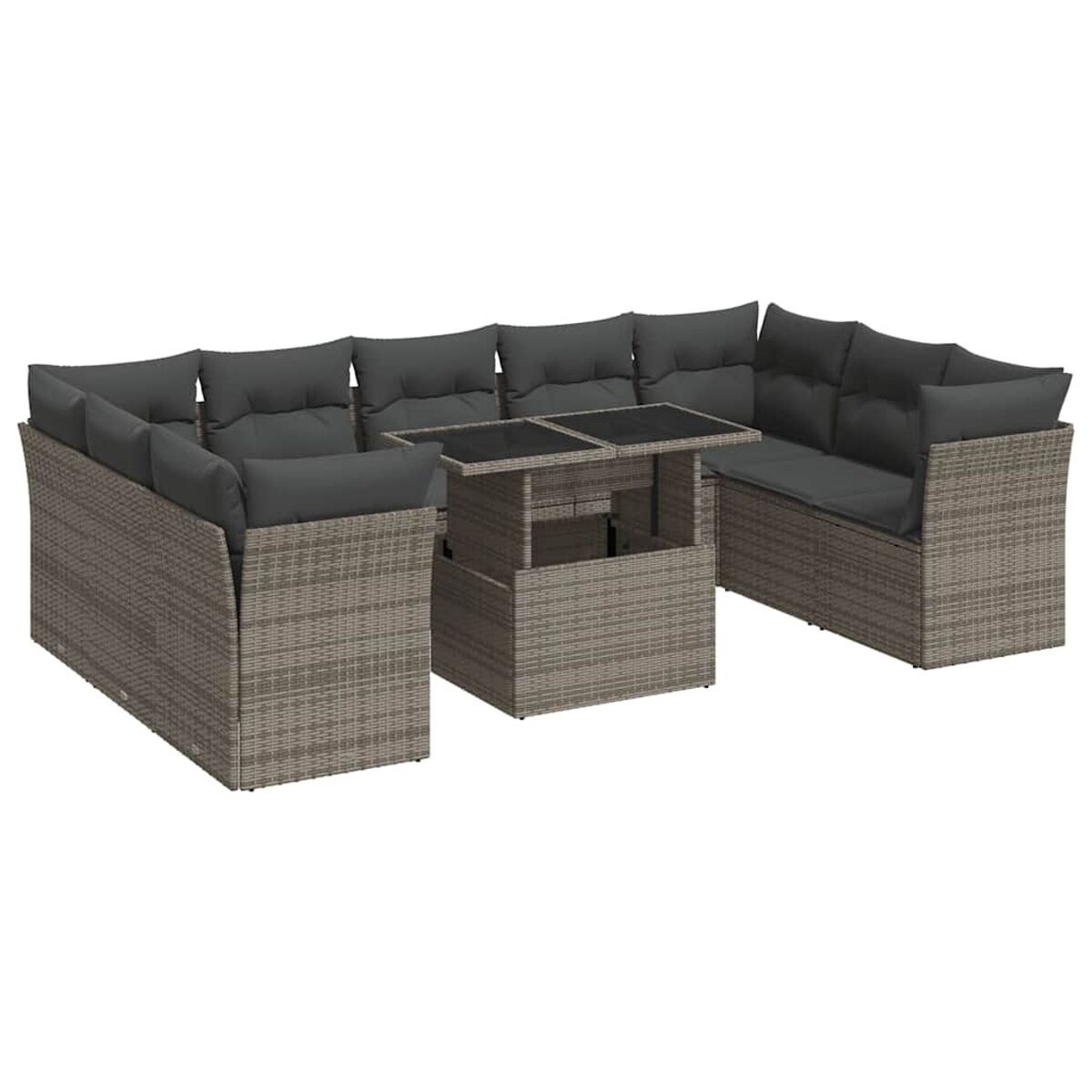 Set divani in rattan con cuscini grigi e un tavolo in vetro nero. Sfondo bianco.