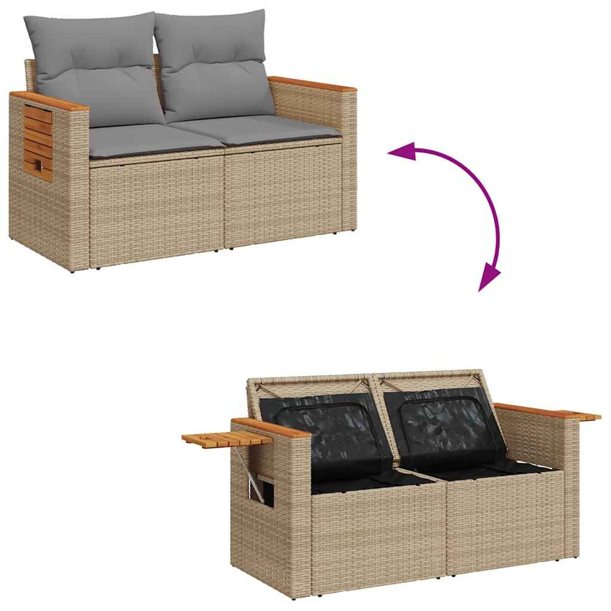 Divano a due posti con contenitore. Struttura in vimini beige, braccioli in legno, cuscini grigi. Uno aperto.