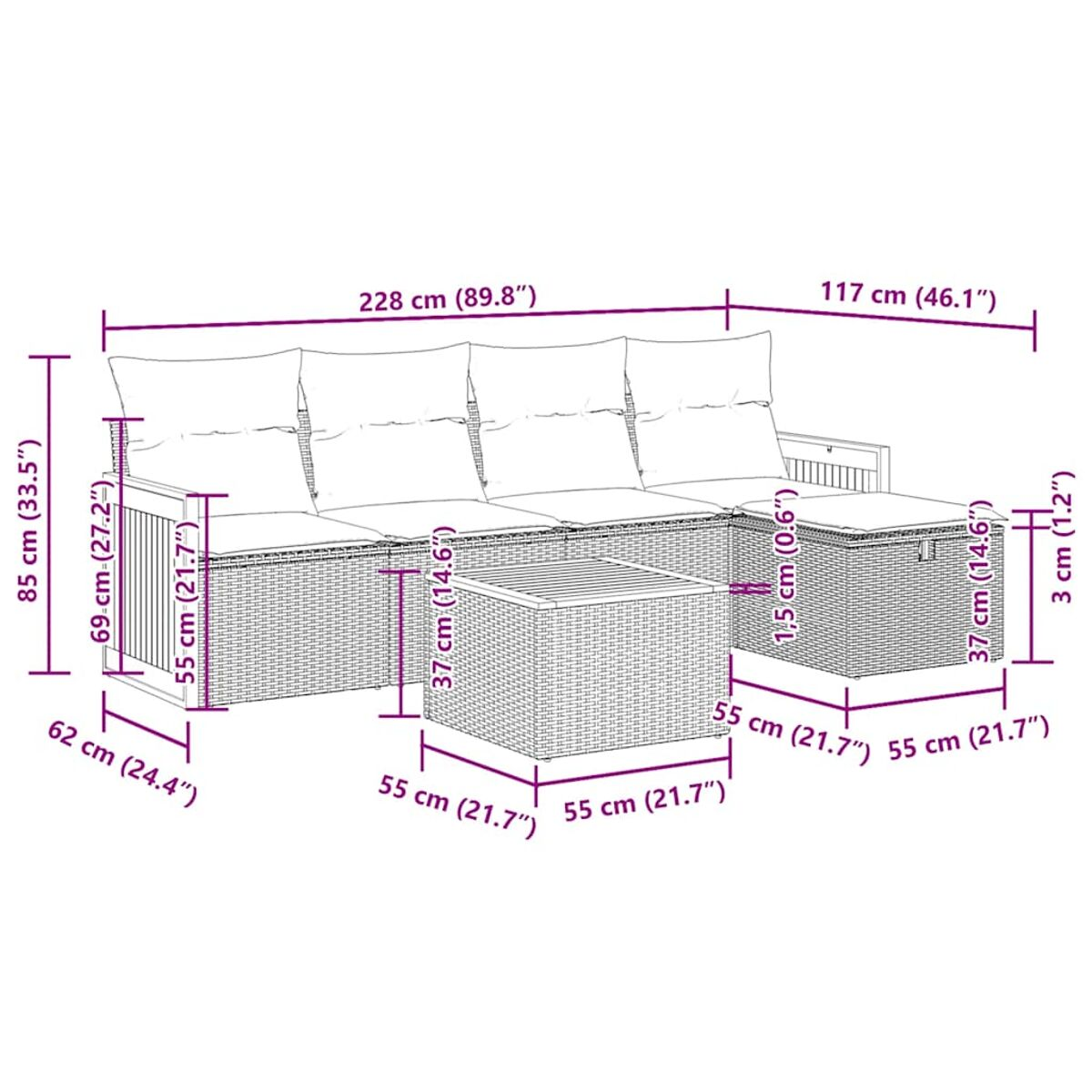 Diagramm eines Korbmöbel-Sets für den Außenbereich mit Maßen. Beinhaltet einen Tisch und Sitzbereiche.