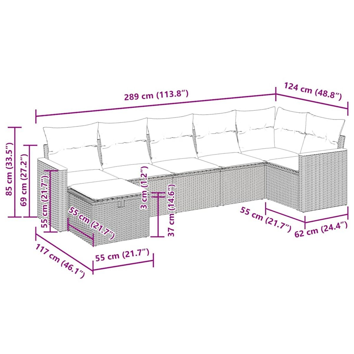 Diagramm mit den Abmessungen eines Sofas für den Außenbereich. Maße in Zentimetern und Zoll.