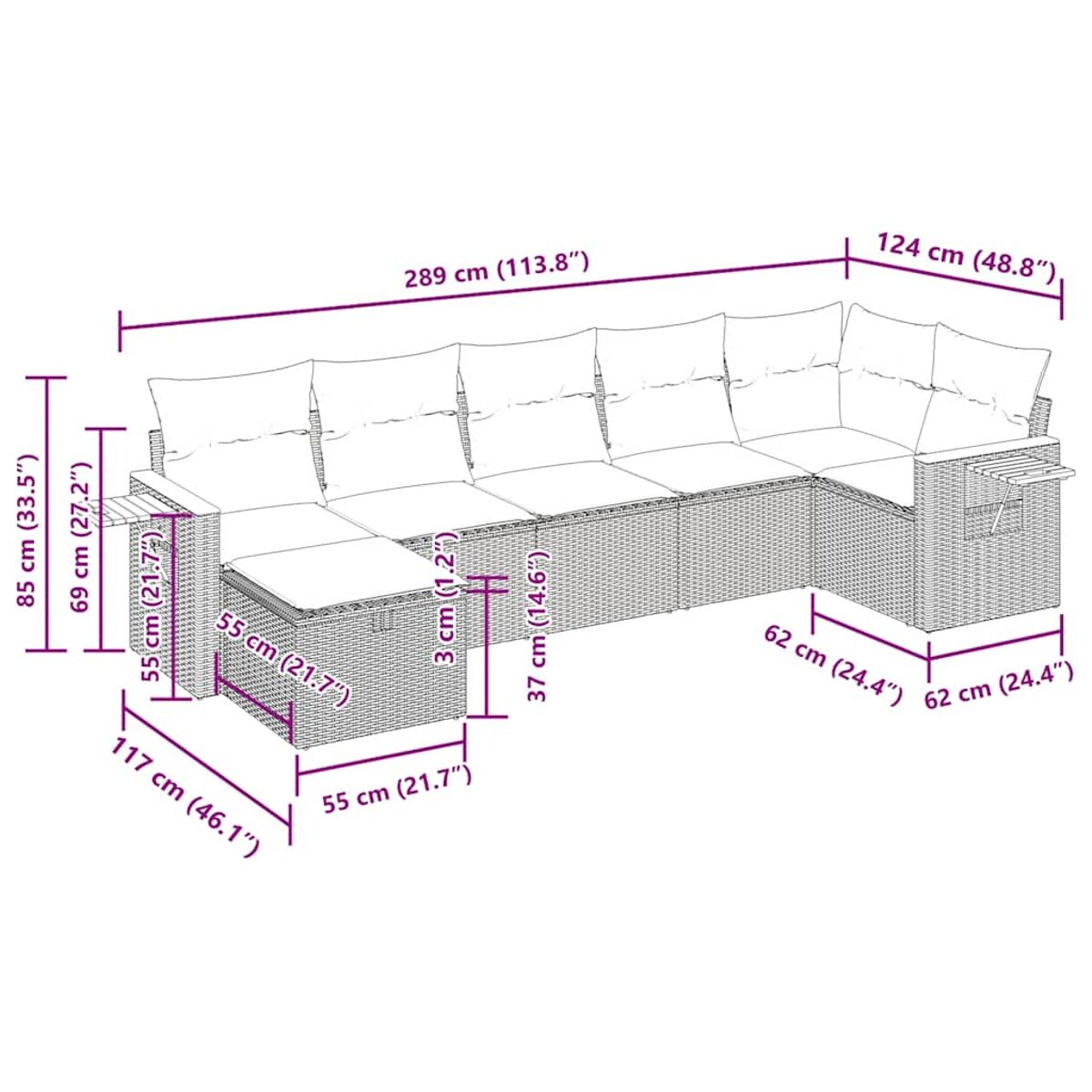 Strichzeichnung eines großen Rattan-Sofas mit Abmessungen. Es hat einen Eckbereich und Beistelltische.