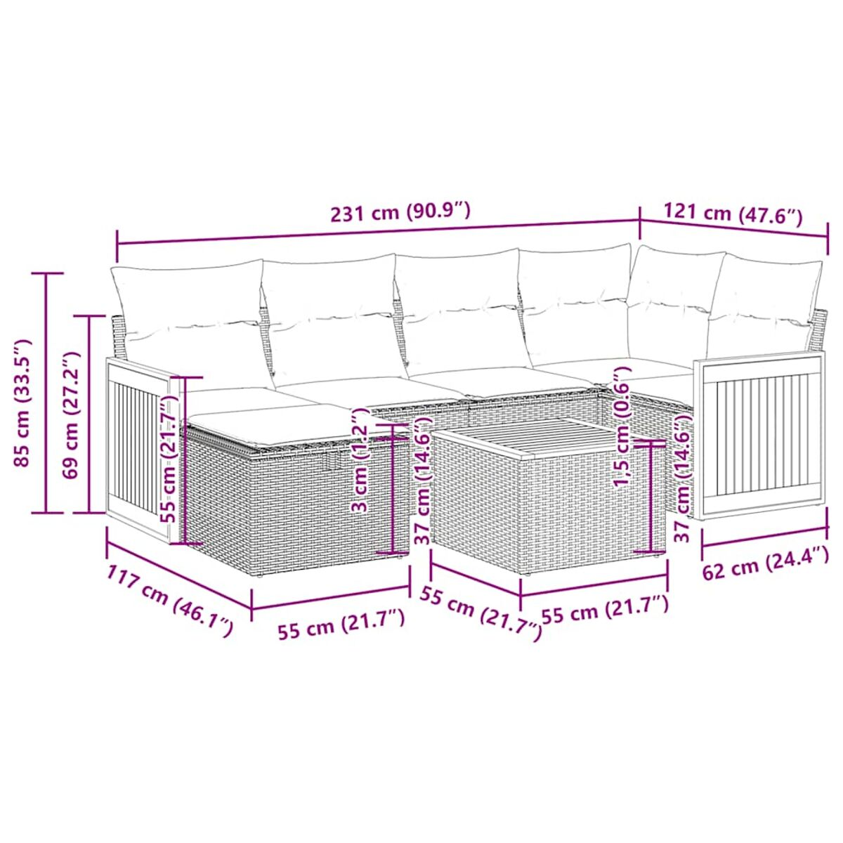 Divano componibile in rattan con dimensioni, cuscini chiari e tavolo.