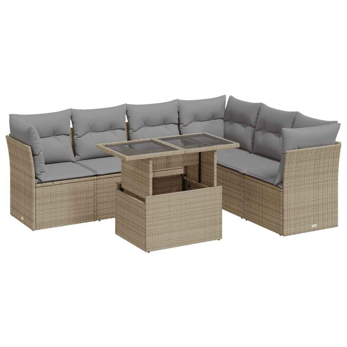 Divano componibile in vimini beige con cuscini grigi e tavolino alzabile.