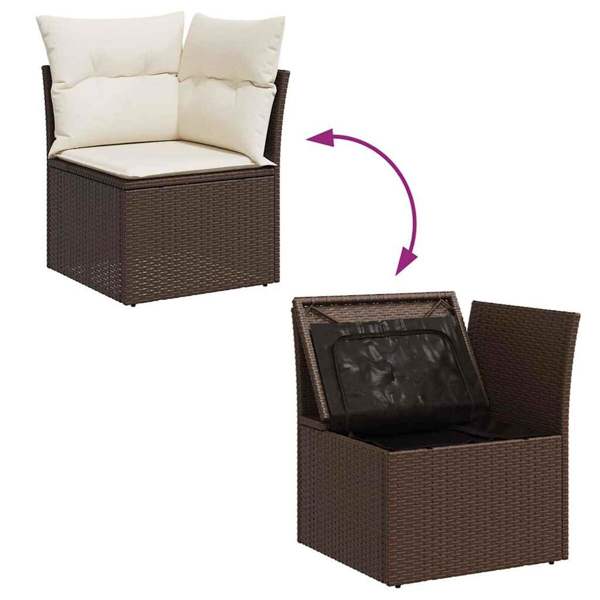Brauner Outdoor-Wicker-Stuhl mit weißen Kissen und Stauraum. Der Deckel ist geöffnet und gibt den Innenraum frei.