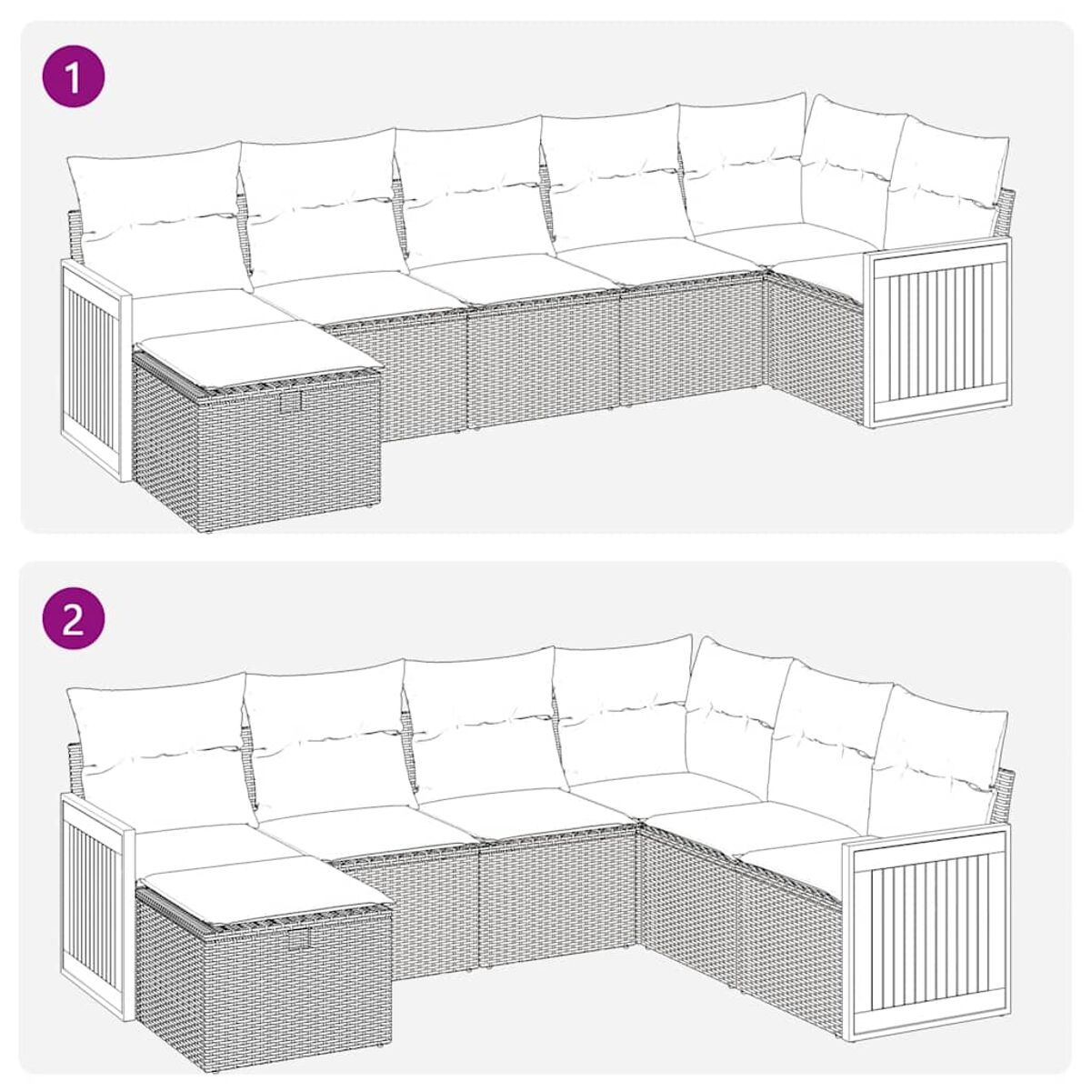 Zwei Bilder eines Outdoor-Ecksofas mit hellem Korbgeweberahmen. Das Sofa hat verschiedene Konfigurationen.