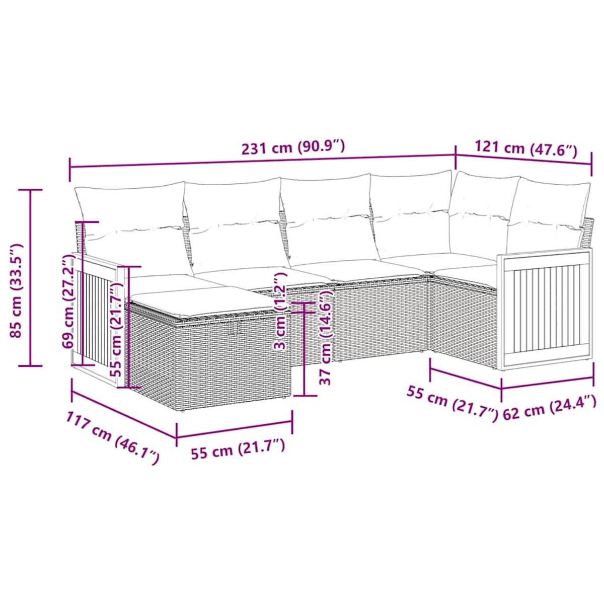 Ein Outdoor-Rattan-Sofaset mit beschrifteten Maßen.