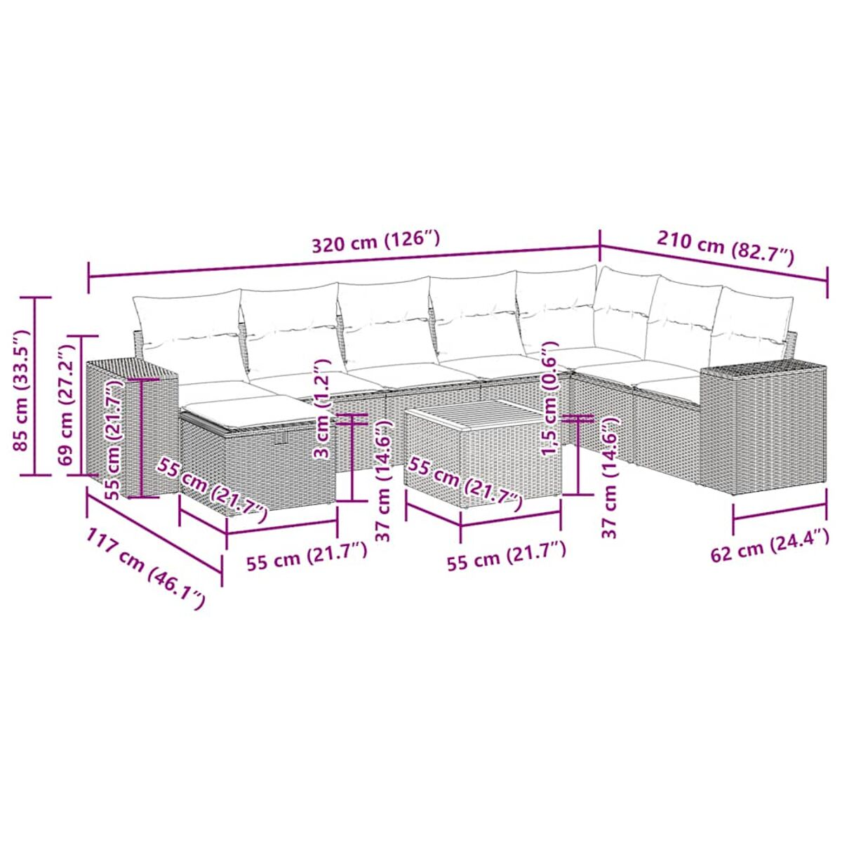 Schema di un set di mobili da esterno in rattan con dimensioni in centimetri e pollici.