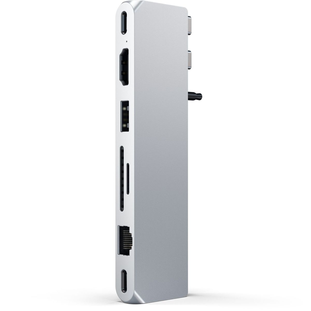 Silberner USB-C-Hub mit mehreren Anschlüssen, einschließlich HDMI, USB und SD-Kartenleser.