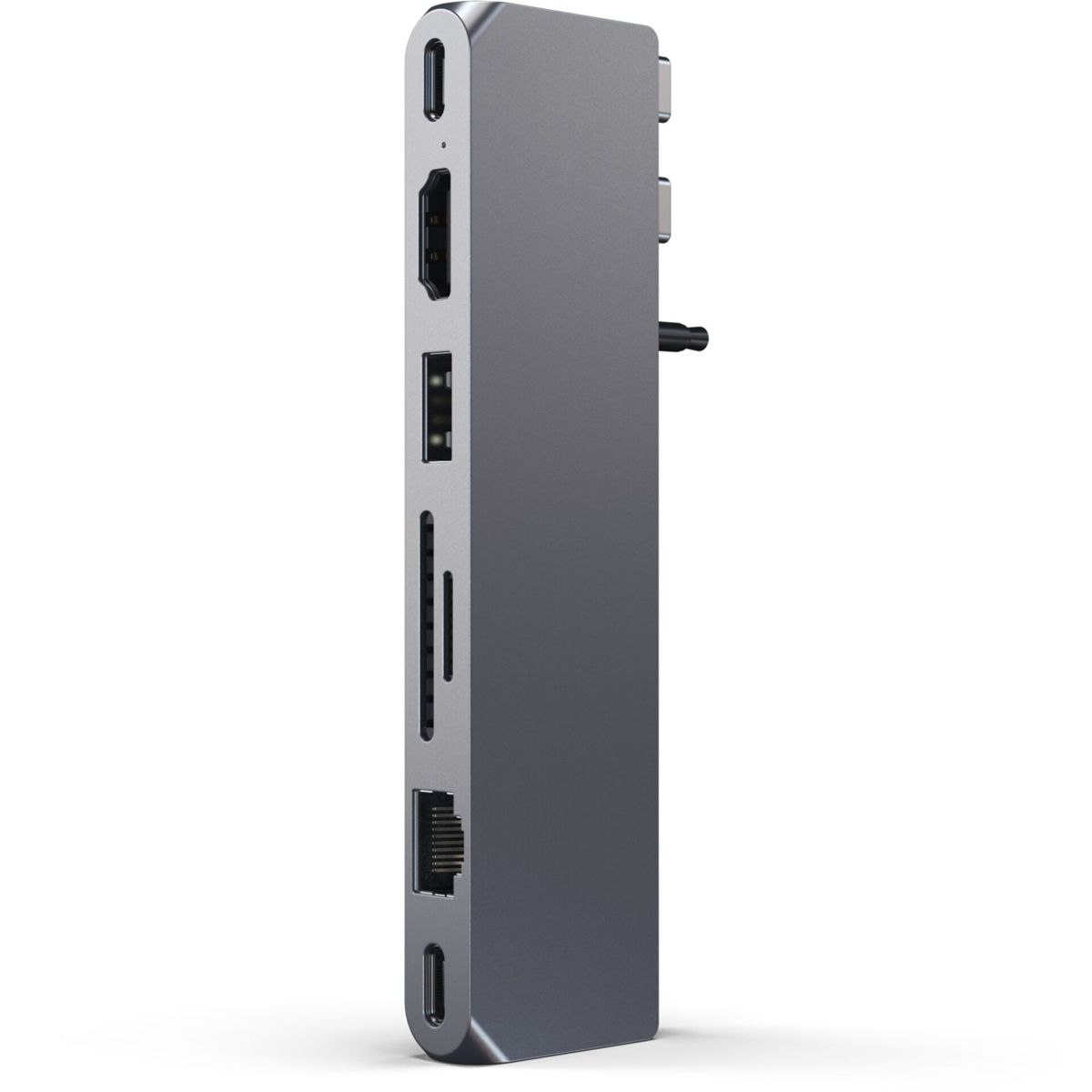 Ein grauer Multi-Port-Adapter mit Anschlüssen und einem USB-C-Kabel, isoliert auf weißem Hintergrund.