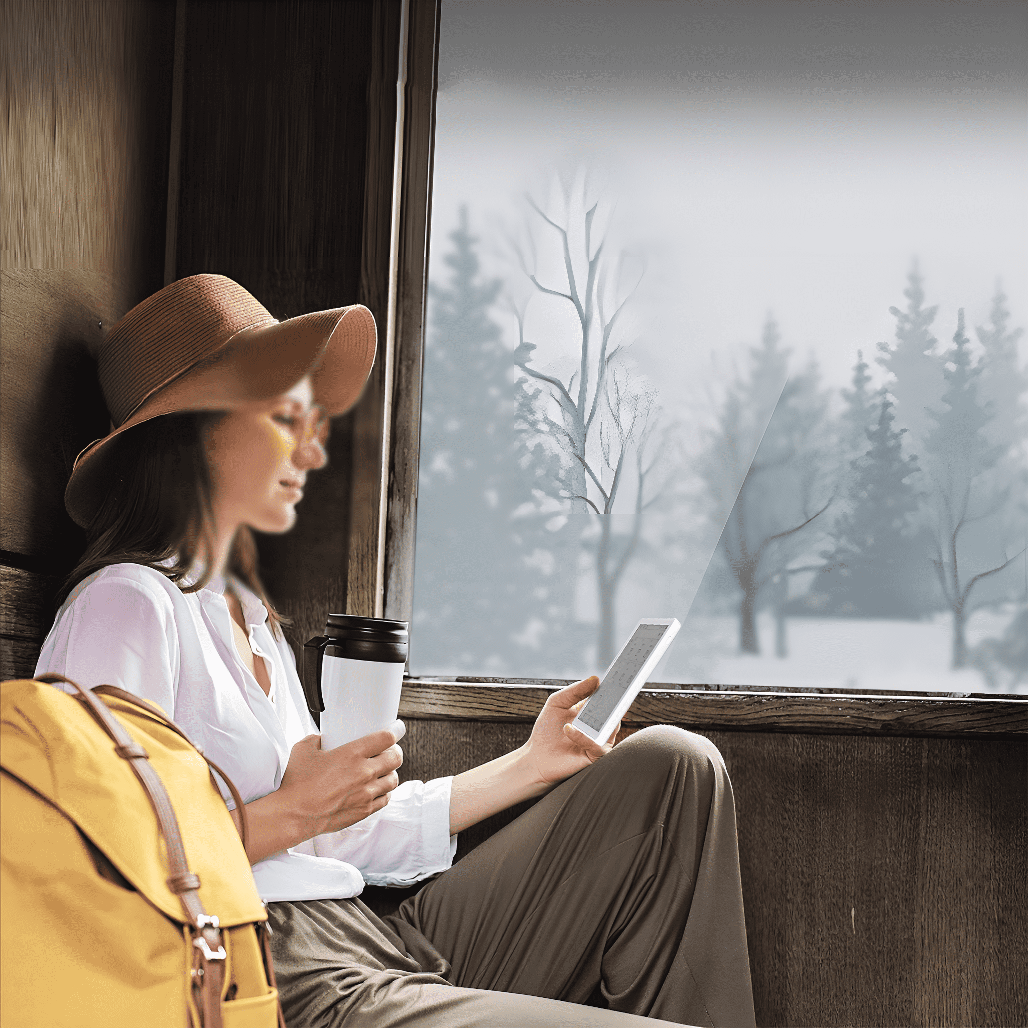 Eine Frau mit Hut und Mantel hält eine Tasse und ein Tablet in der Nähe eines Fensters mit Blick auf eine verschneite Landschaft.