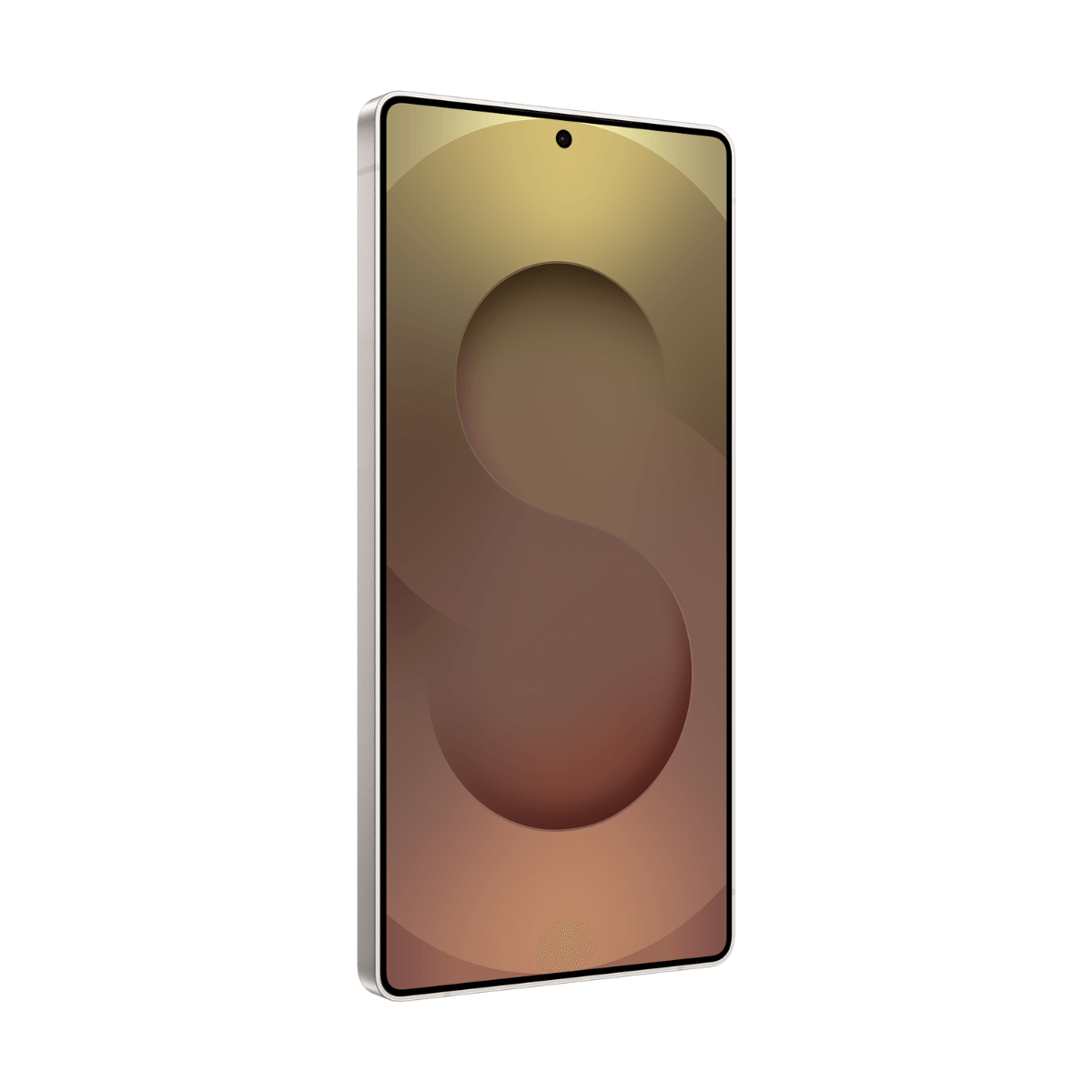 Smartfon z gradientem złoto-brązowym, srebrną ramką i przednim aparatem.