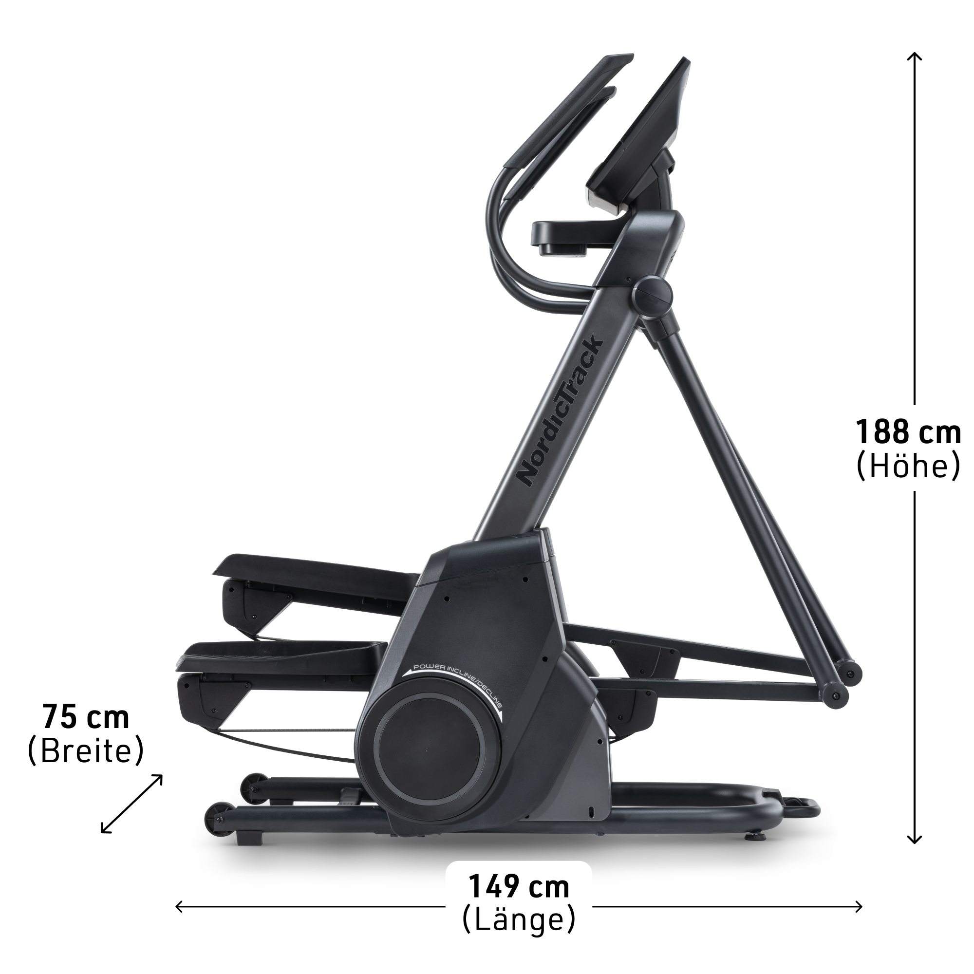 Dunkle Trainingsmaschine mit Maßen: 149cm Länge, 75cm Breite und 188cm Höhe.