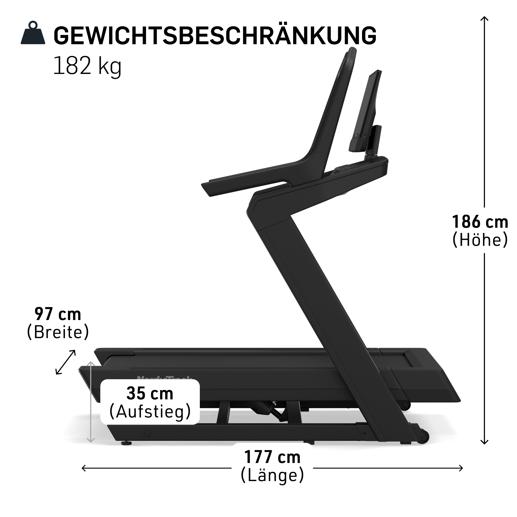 Schwarzes Laufband mit Abmessungen. Es hat eine abgewinkelte Konsole mit einem Gewichtslimit von 182 kg.