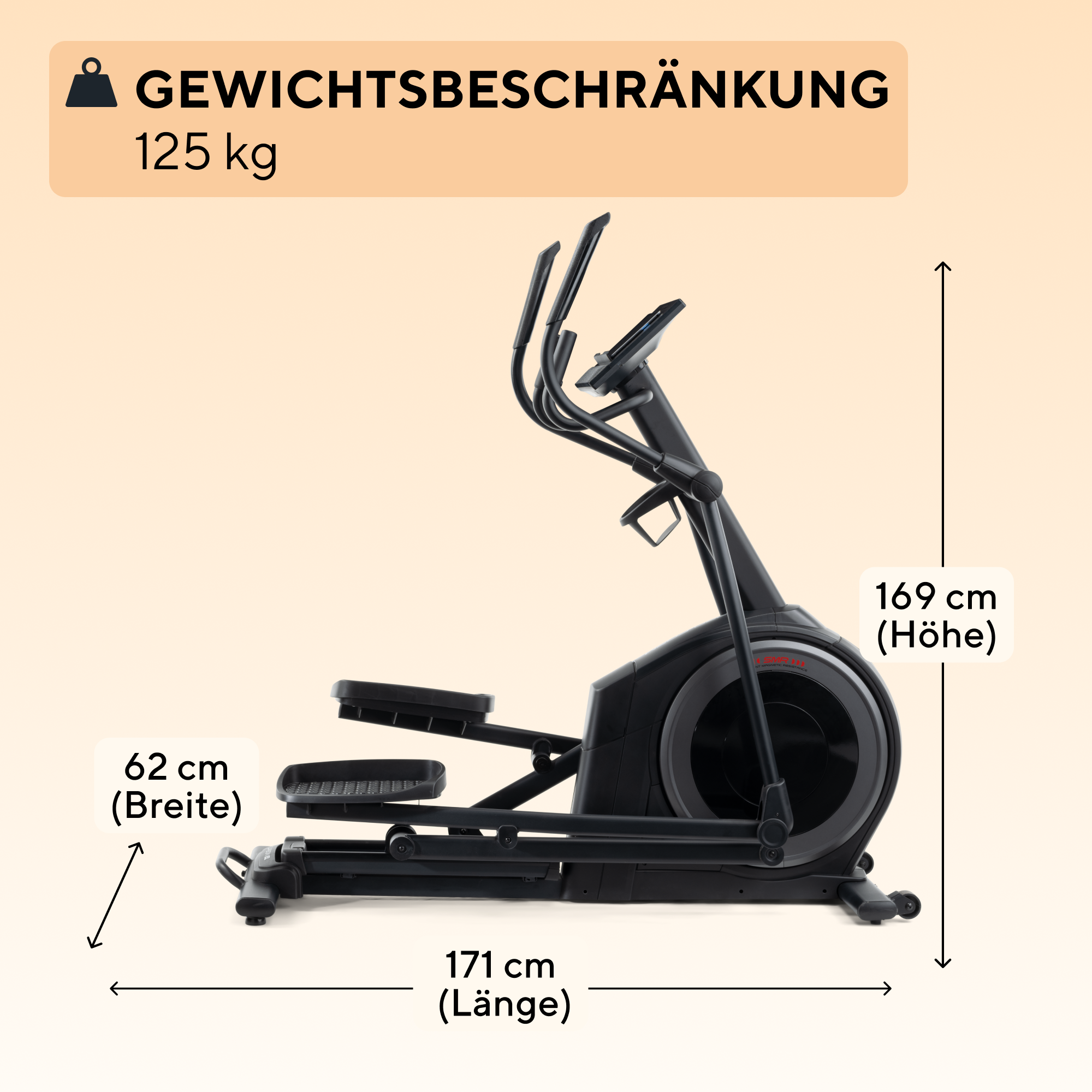 Ellipsentrainer mit beschrifteten Abmessungen und Gewichtsgrenze.