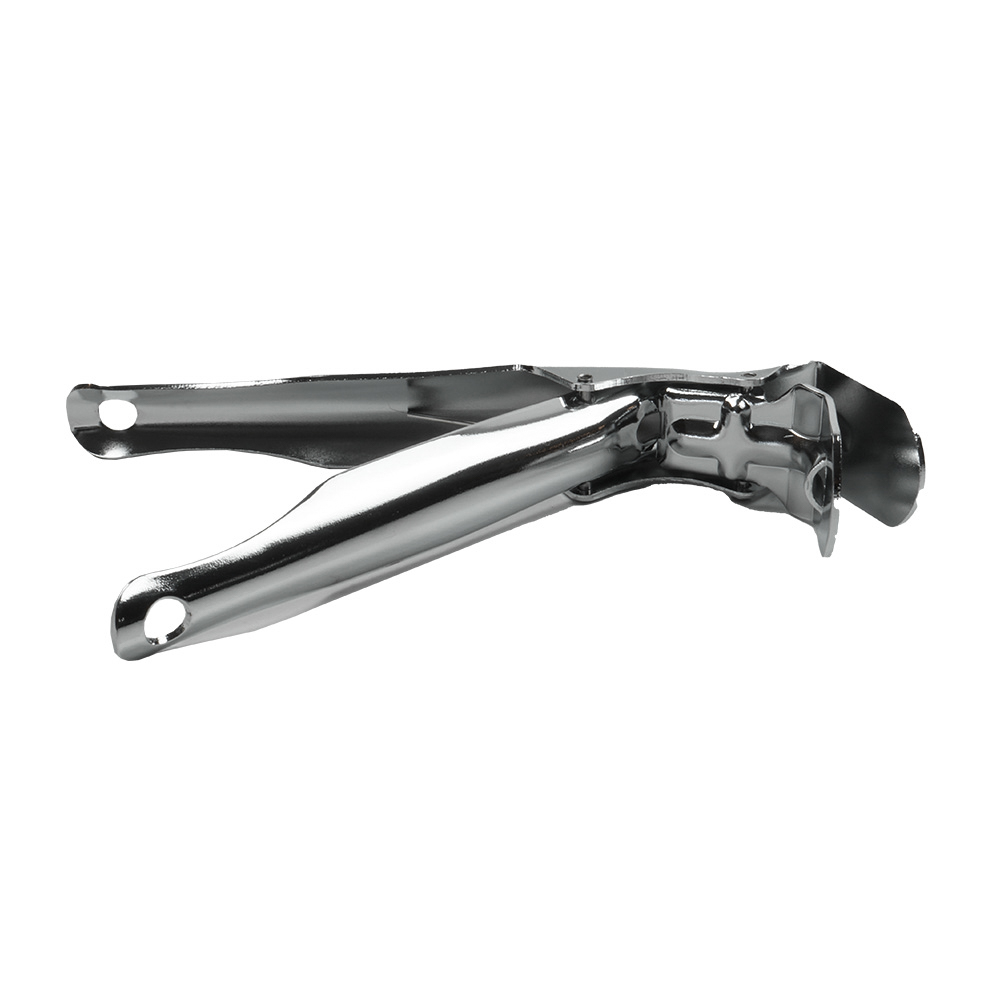 Silver can opener with a handle and a pointed end, isolated on white.