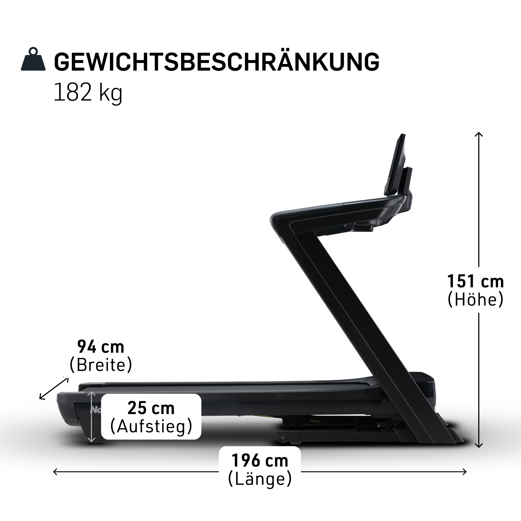 Schwarzes Laufband mit Maßen und Gewichtsbeschränkung von 182kg.