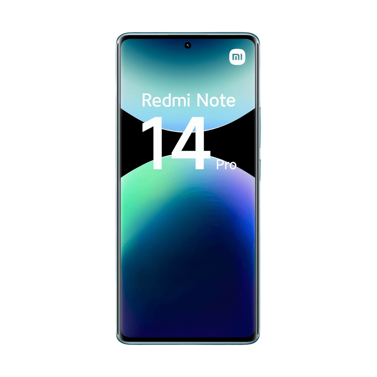 Smartfon z tekstem 'Redmi Note 14 Pro' na ekranie, na białym tle.