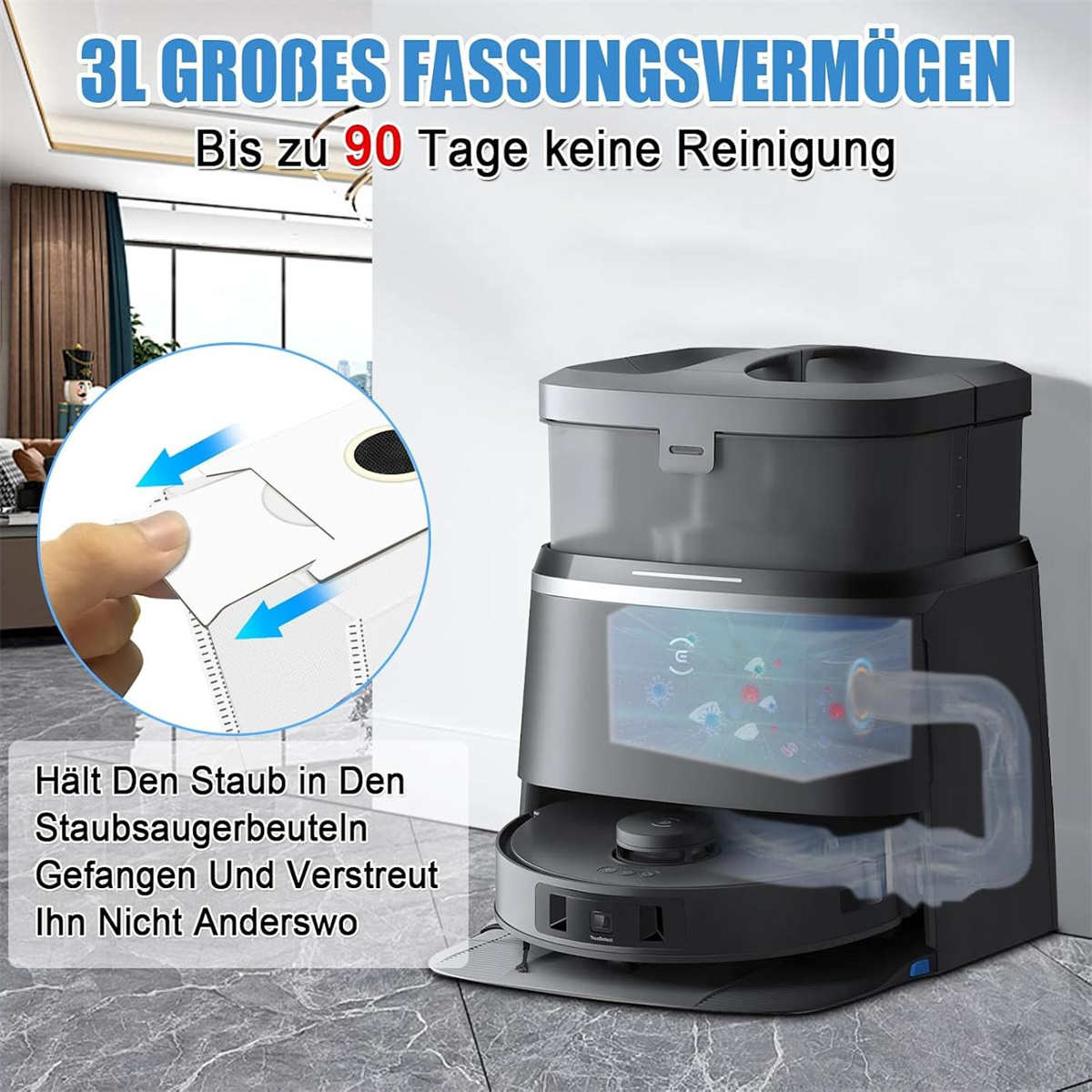 Roboter-Staubsauger mit Text, der seine Funktionen und Kapazität erklärt, und eine Hand, die auf einen Filter zeigt.