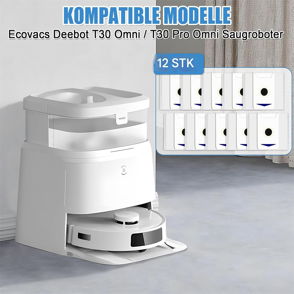 Roboter-Staubsauger mit weißer Basis und Zubehör. Text: Kompatible Modelle.