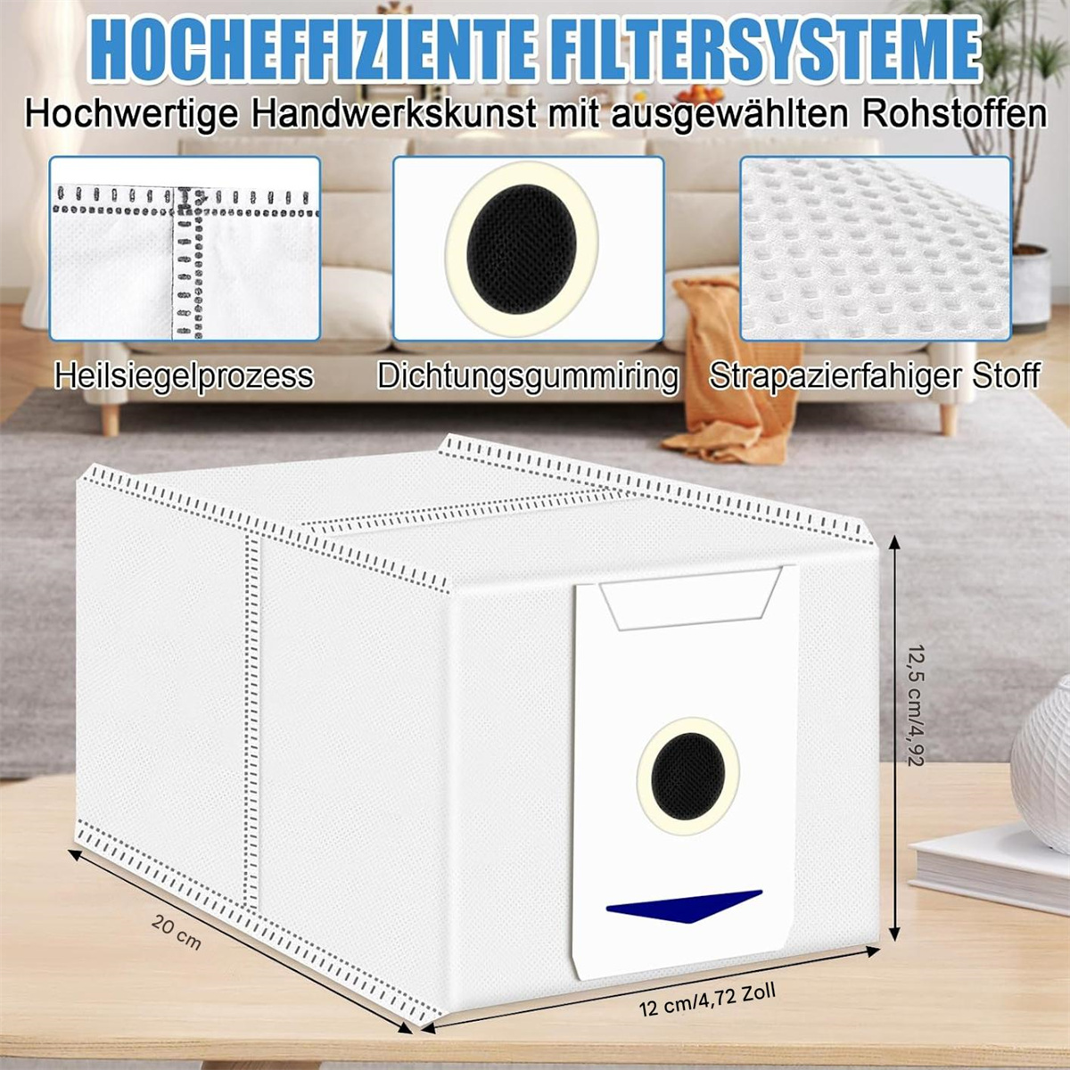 Ein weißer Filterbeutel mit Text und Diagrammen, die seine Eigenschaften und Abmessungen zeigen.