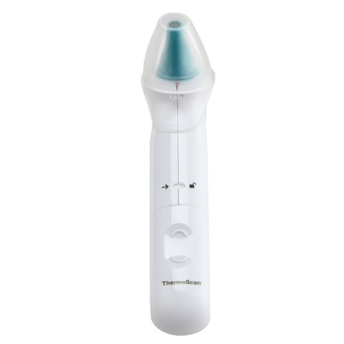 Weißes und blaues Ohrthermometer mit Knöpfen und Digitalanzeige.