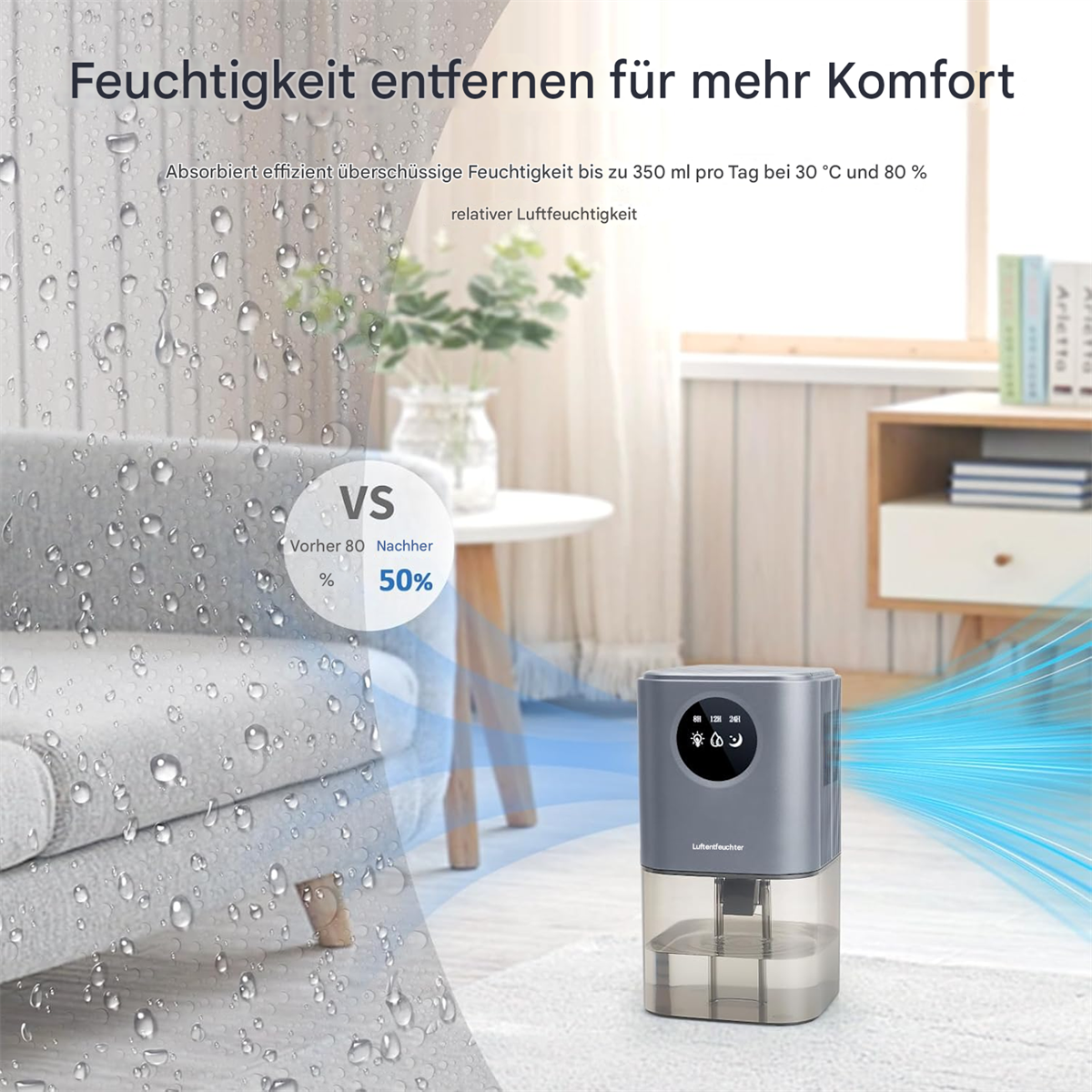 Bild, das die Entfeuchtung zeigt, mit einem Gerät und einem nassen Sofa.