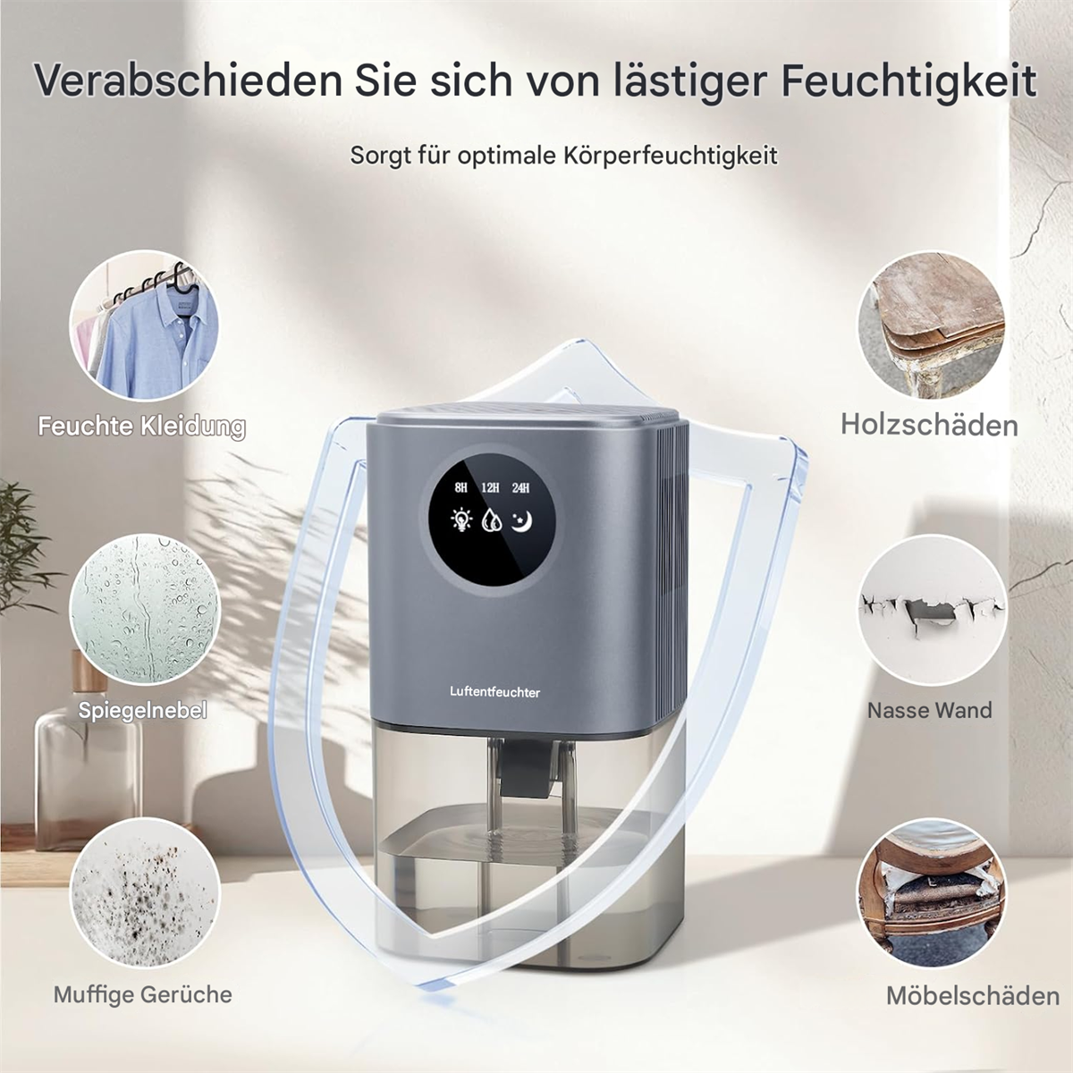 Luftentfeuchter mit Text und Symbolen, die Probleme darstellen.