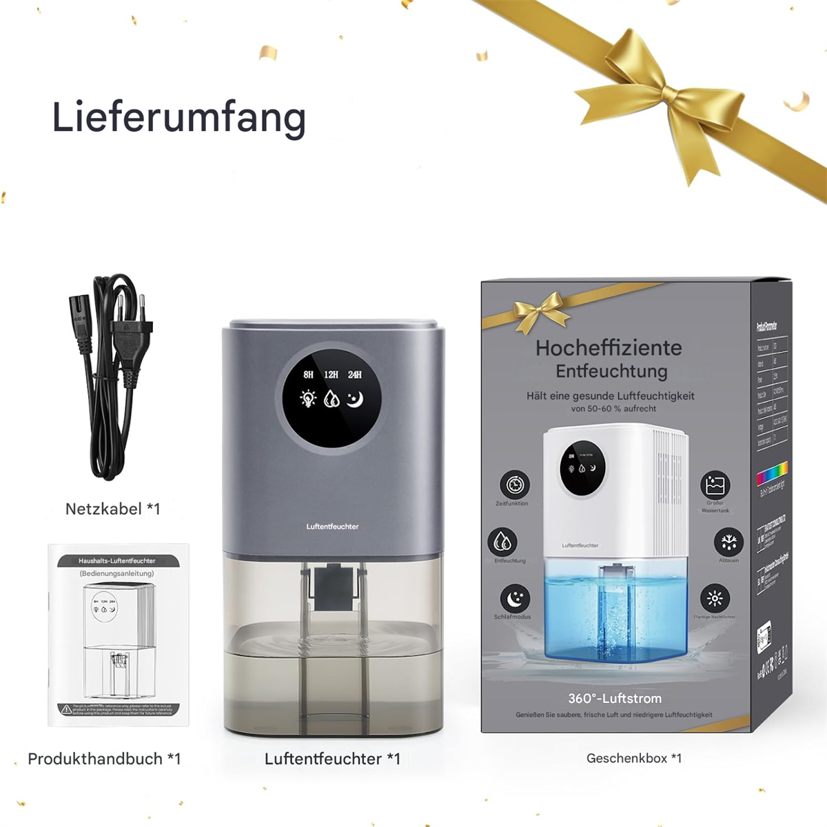 Ein Produktset mit Luftentfeuchter, Zubehör und Verpackung.