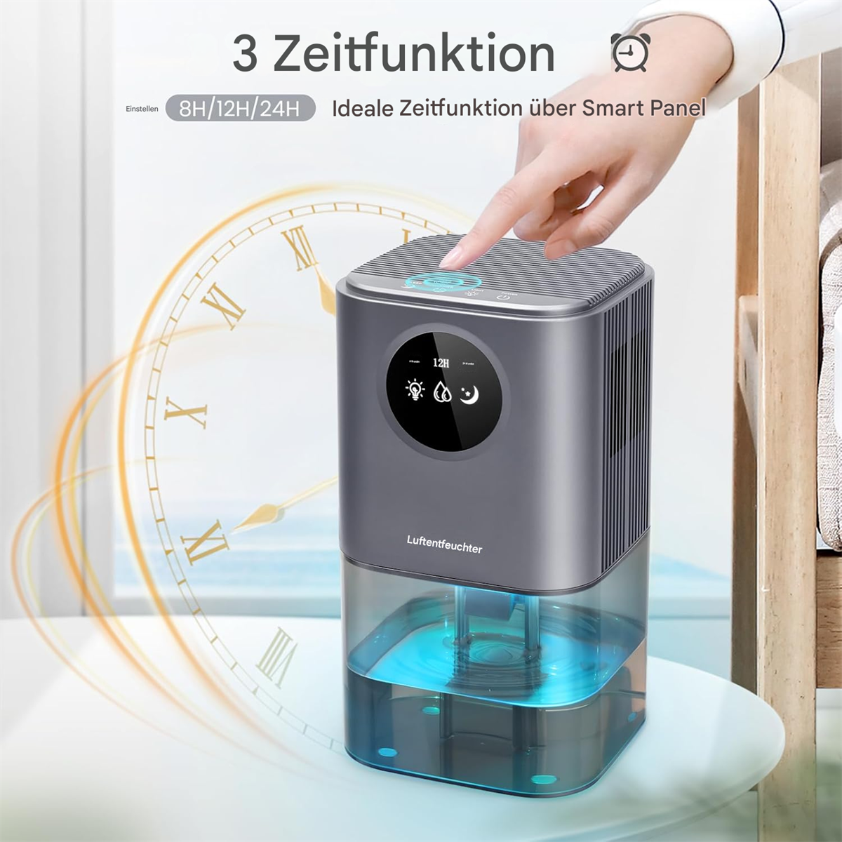 Luftentfeuchter mit Touchscreen und Wassertank. Uhrensymbol und Hand berührt den Bildschirm.