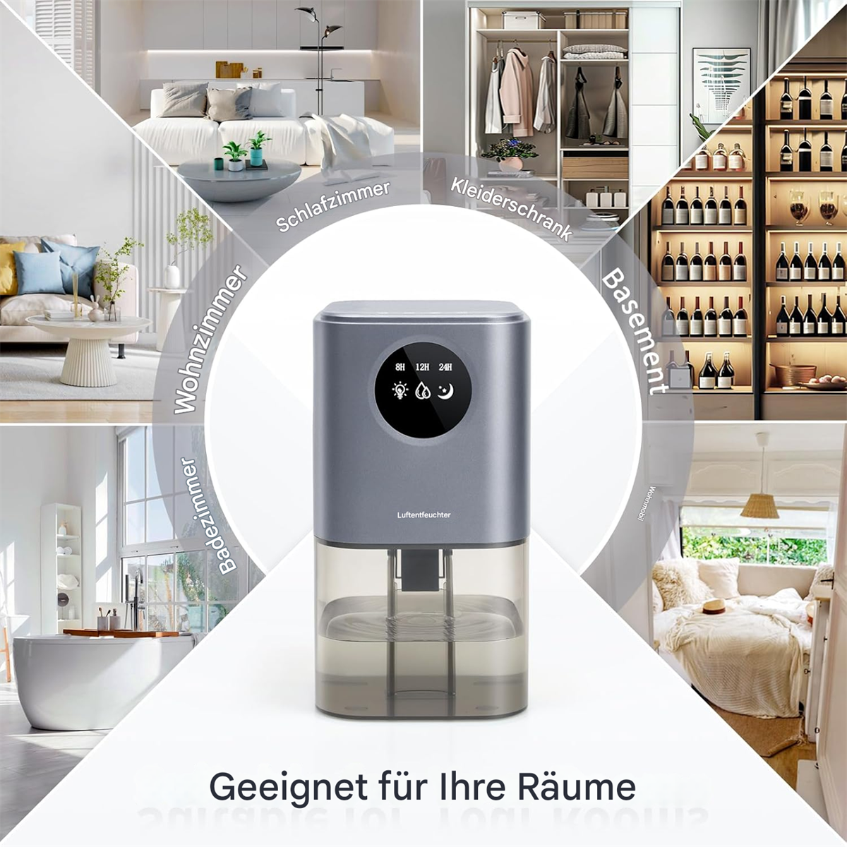 Collage von Innenraumeinstellungen. Ein Luftbefeuchter wird in der Mitte der Bilder platziert.