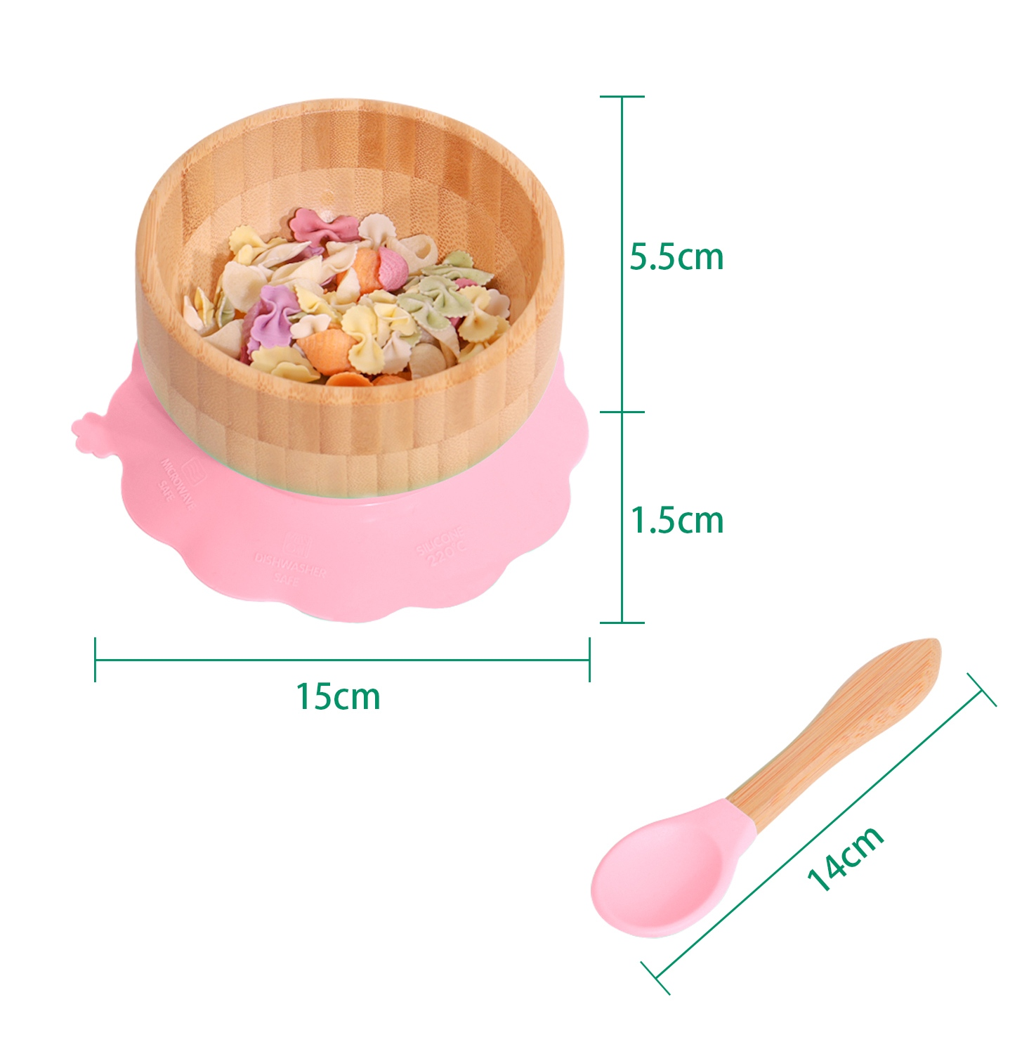 Holz-Babyschüssel mit Nudeln, rosa Löffel auf rosa Unterlage, mit Maßen.