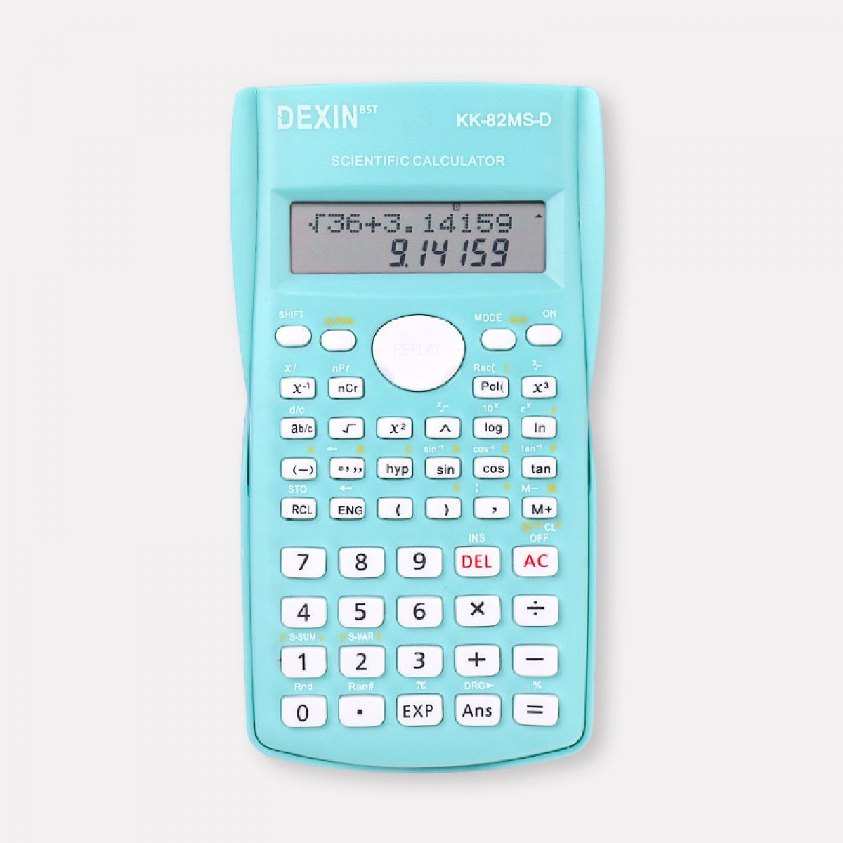 Ein türkisfarbener wissenschaftlicher Taschenrechner, der eine Berechnung anzeigt: Quadratwurzel aus 3 plus 3,14159, ergibt 9,14159.