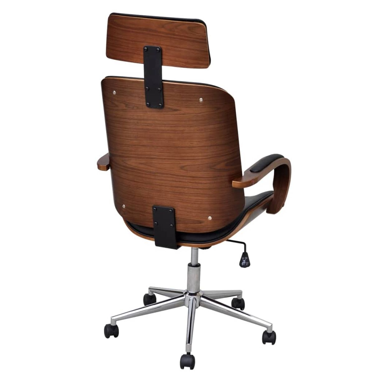 Rückansicht eines Bürostuhls aus Holz mit geschwungener Rückenlehne, Chromfuß und Rollen.
