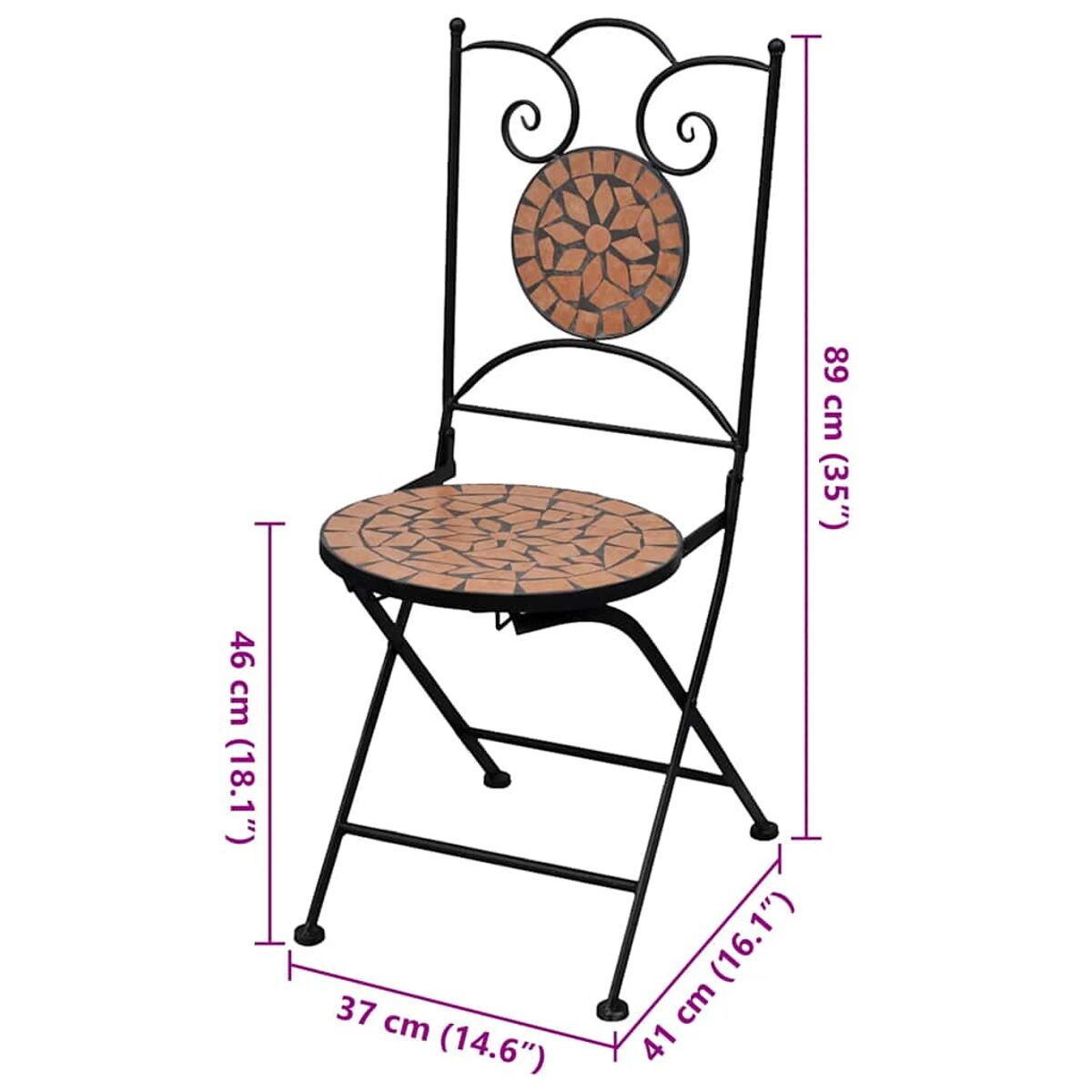 Mosaik-Stuhl mit schwarzem Metallrahmen. Dekoratives Design, perfekt für Sitzgelegenheiten im Freien.